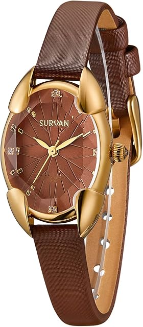 SURVAN Japanese-Quartz Watch for Women Fashion Rhombus Polyhedral Wrist Watch Brown Satin Strap