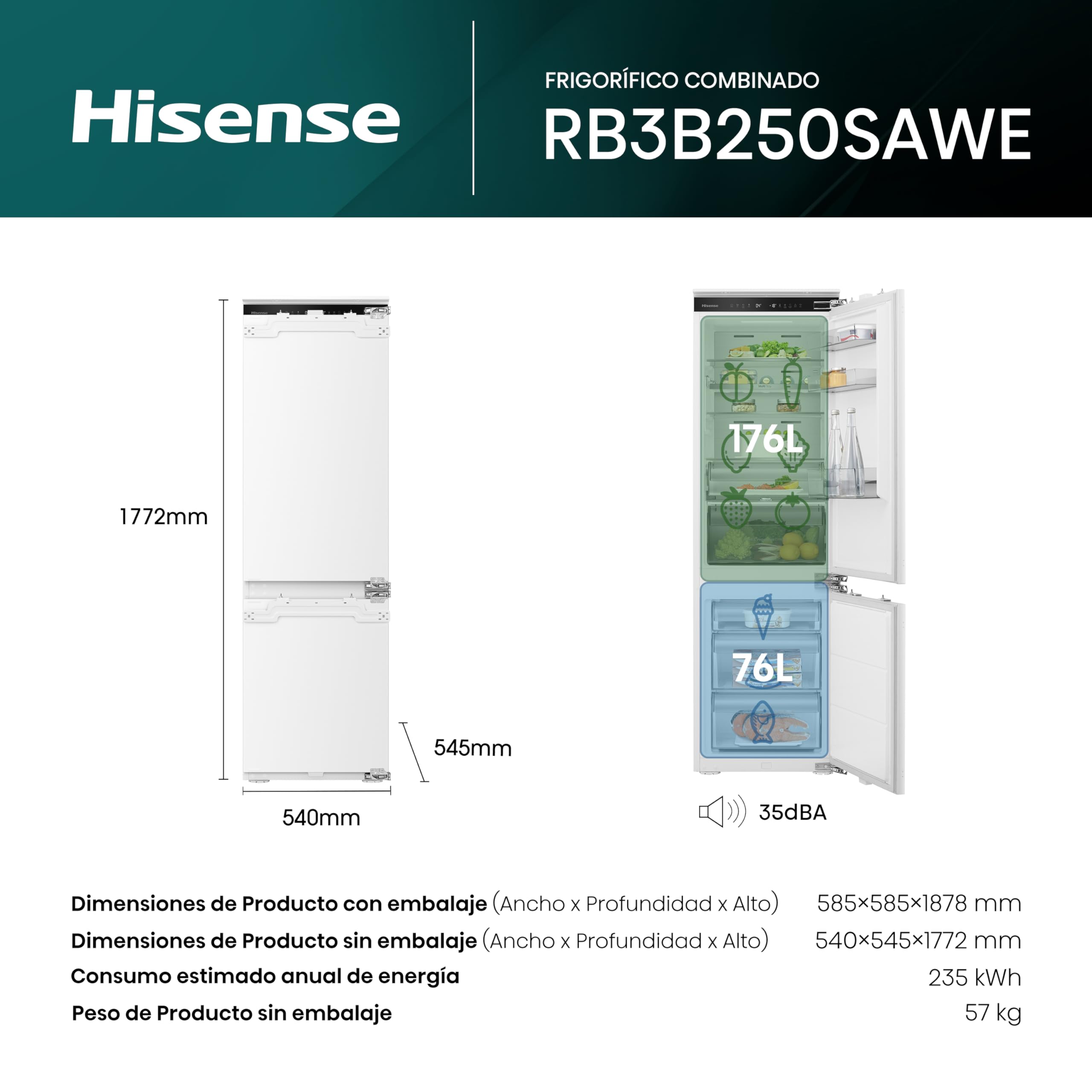 Hisense RB3B250SAWE - Frigoríficos Integrable, Combi, 252L, Class E, Ancho 54cm x Alto 178cm, Cajón Frutas Y Verduras Control De Humedad, Multi Air Flow, Dual Tech Cooling, Motor Inverter