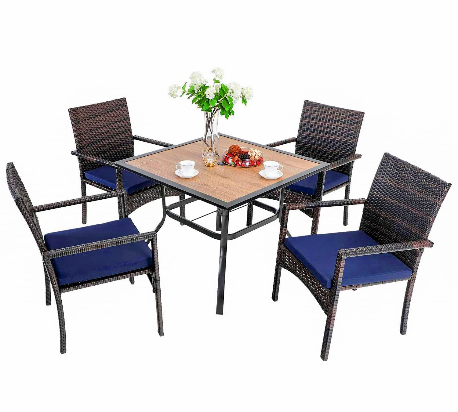 PHI VILLA5 Piece Outdoor Dining Table Set for 4, 37" Wood Top Metal Dining Table with Umbrella Hole & 4 Cushioned Rattan Chairs for Patio, Deck, Porch, Yard