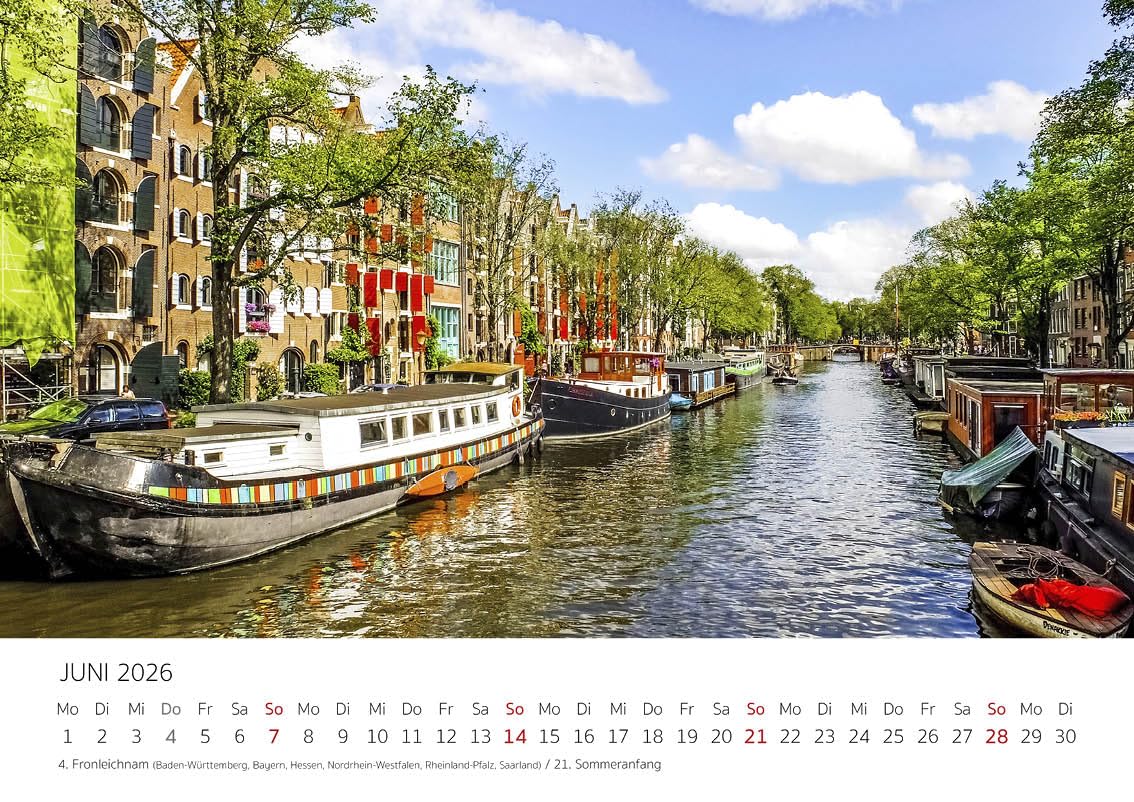 Edition Seidel Kalendarz premium Amsterdam na rok 2026, format DIN A4, kalendarz ścienny, Europa, Holandia, tulipany, kanały, mosty metropolia, panoramę