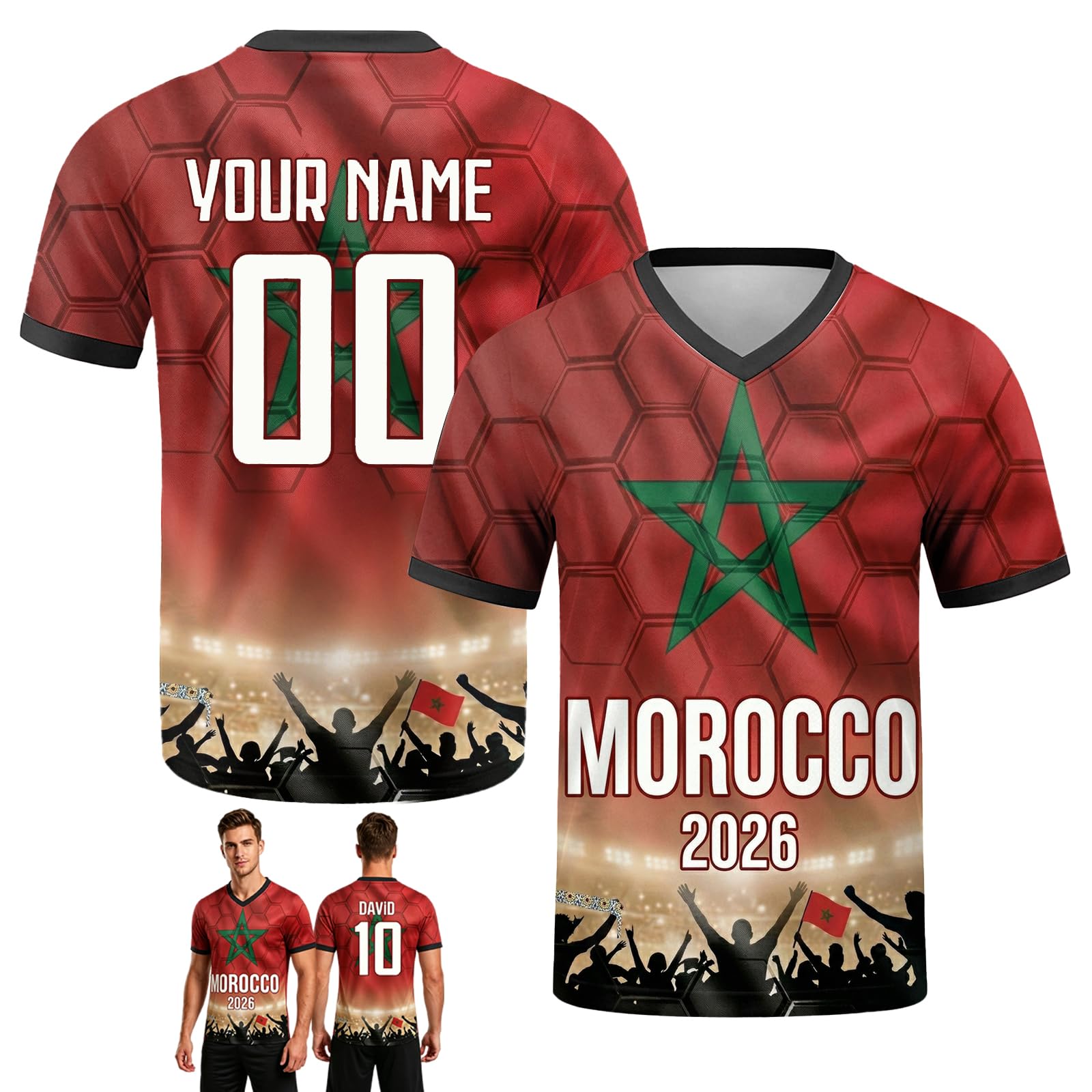 Personalised Football Shirt World Cup 2026, Custom Football Shirts Names & Numbers, Retro Football Shirts for Adults and Children, Breathable, Quick-Drying Custom Jersey (Morocco)