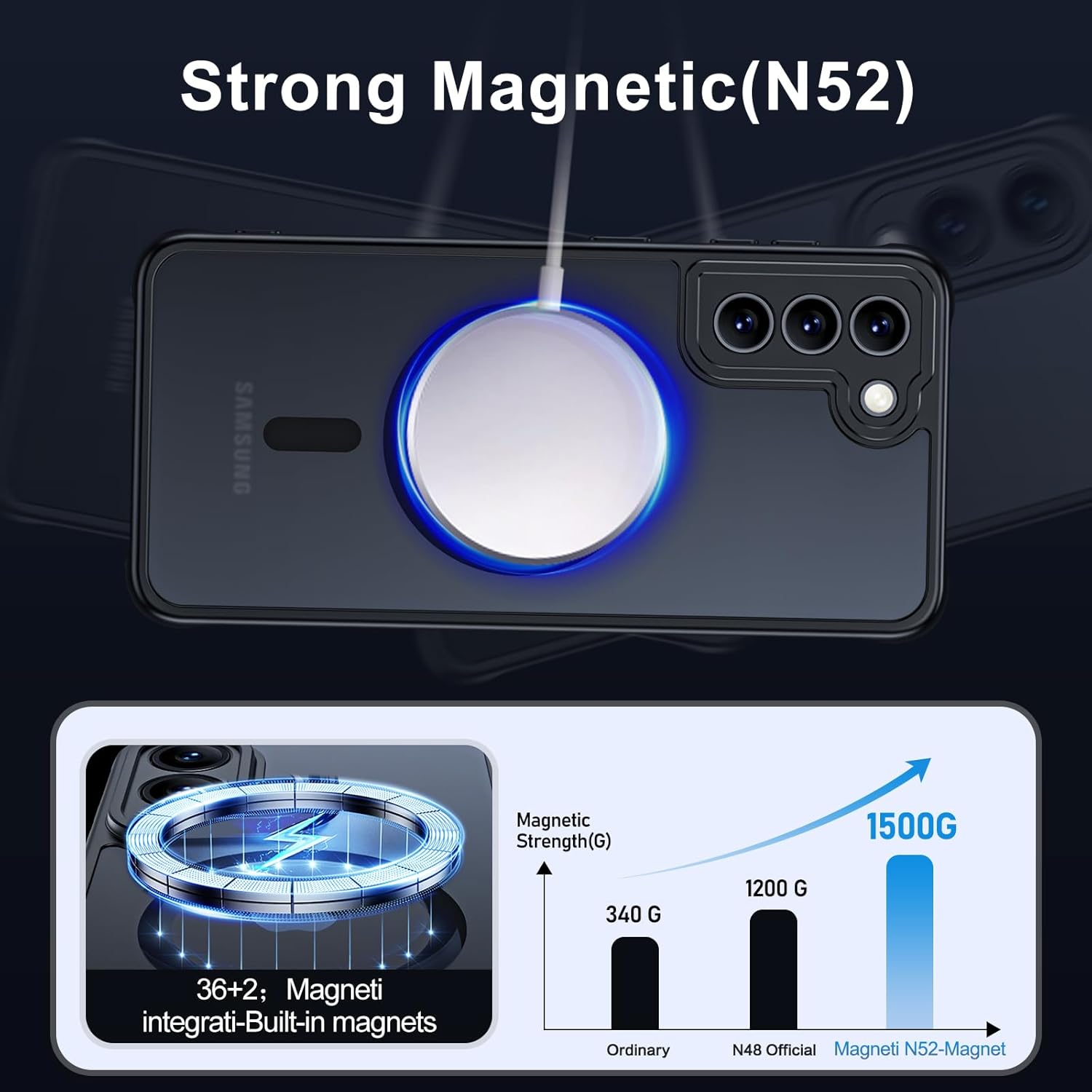 Matte Case for Samsung Galaxy S22 Plus 5G with Screen Protector, Compatible with Magsafe,[Wrist Strap] Magnetic Shockproof Military Drop Protection Translucent Back Slim Bumper Cover(Black) - Image 7