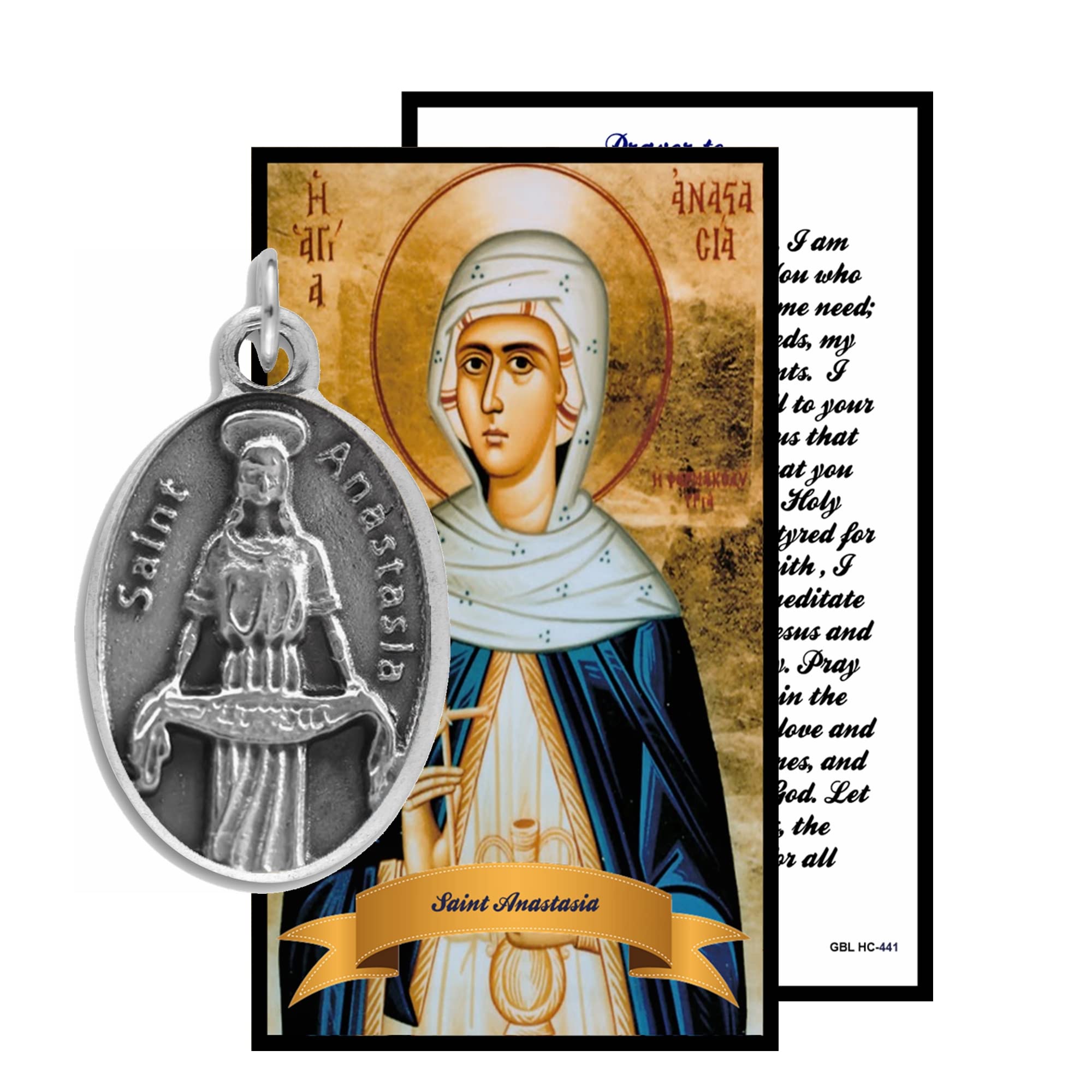 Gifts by Lulee, LLC Saint Anastasia Patron of weavers widows suffering from poison Candles Medal Prayer Card Chaplet Coronilla (Medal and Prayer Card)