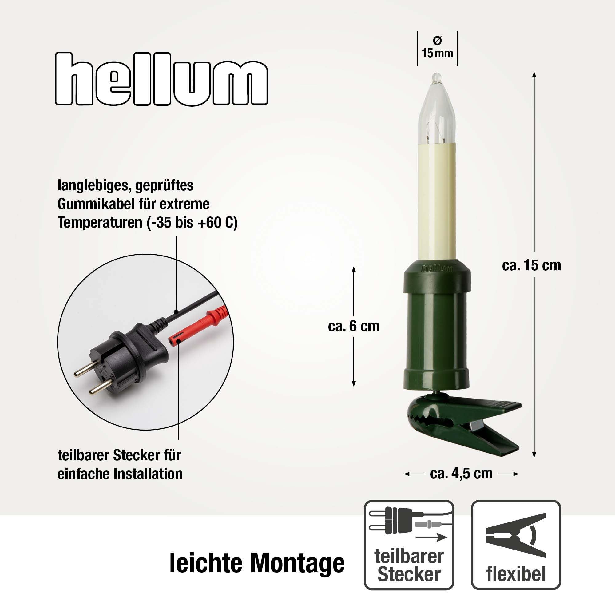 hellum Kerzen Lichterkette mit 20 Lichtern für außen, teilbarer Stecker | Made in Germany warmweiß, Kerzen Lichterkette mit Clip, 19m beleuchtet, Kabel schwarz, inkl. 3 Ersatzkerzen <59lm 430011