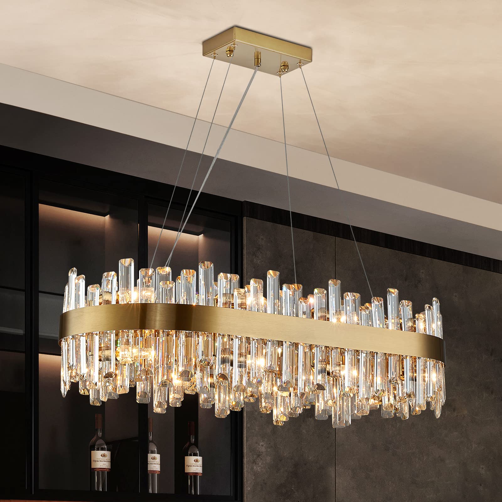 Photo 1 of Siljoy Modern Crystal Chandeliers, Brushed Gold Rectangle Crystal Chandelier Light Fixture