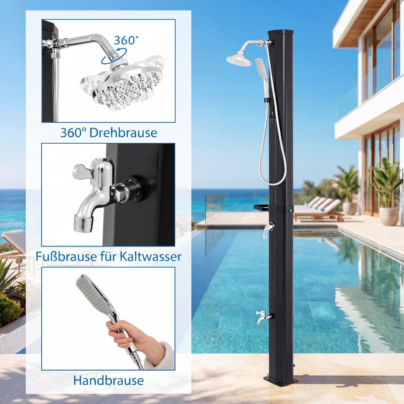 COSTWAY Solardusche 35L mit Handbrause inkl. Abdeckung | Gartendusche mit Ablage, Regenduschkopf und Wasserhahn | warmes Wasser | max. 60°C | ohne Stromanschluss | Pooldusche Camping | Schwarz