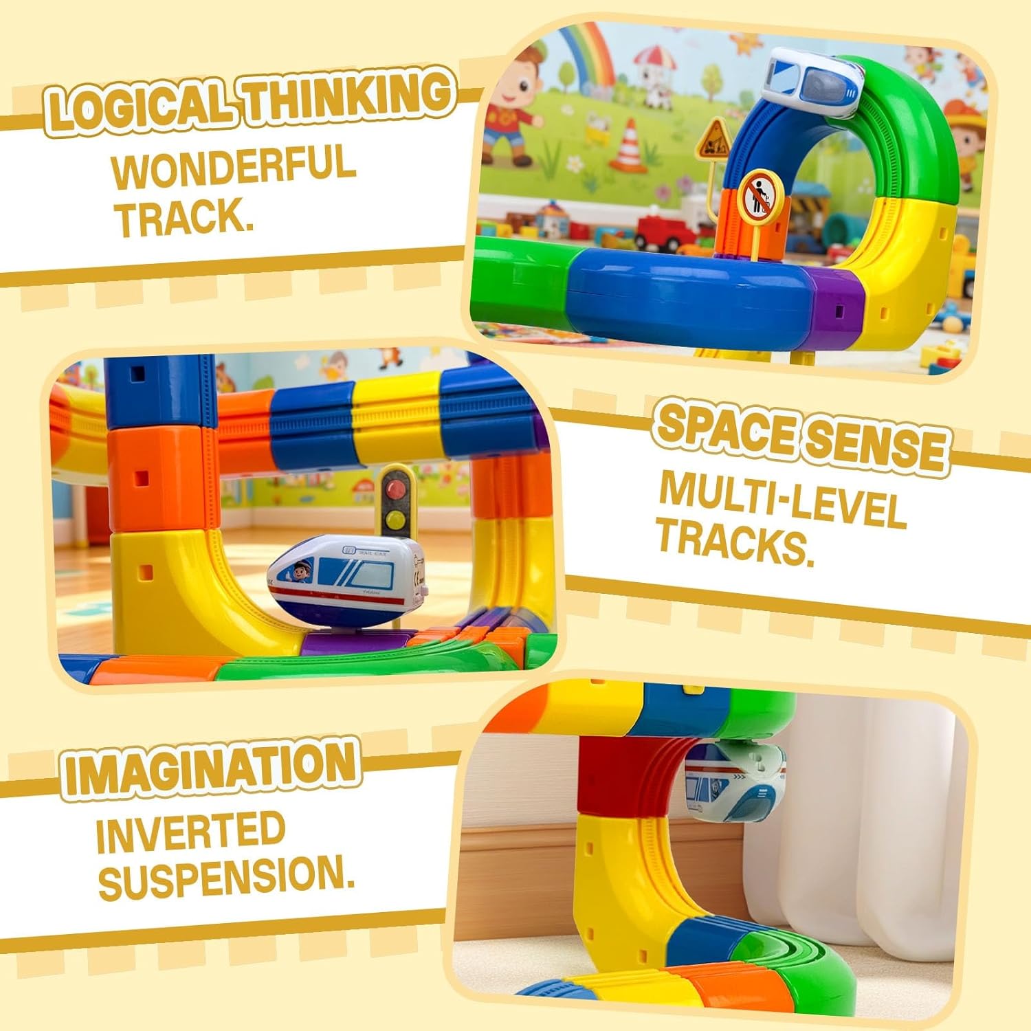 Rail Electric Train Set, 3D Magic Flexible Race Tracks for Kids,DIY Race Car Track Building Kits with Train and Traffic Signs,for 3 4 5 6 7 8 Years Old Boys Girls (81PCS)