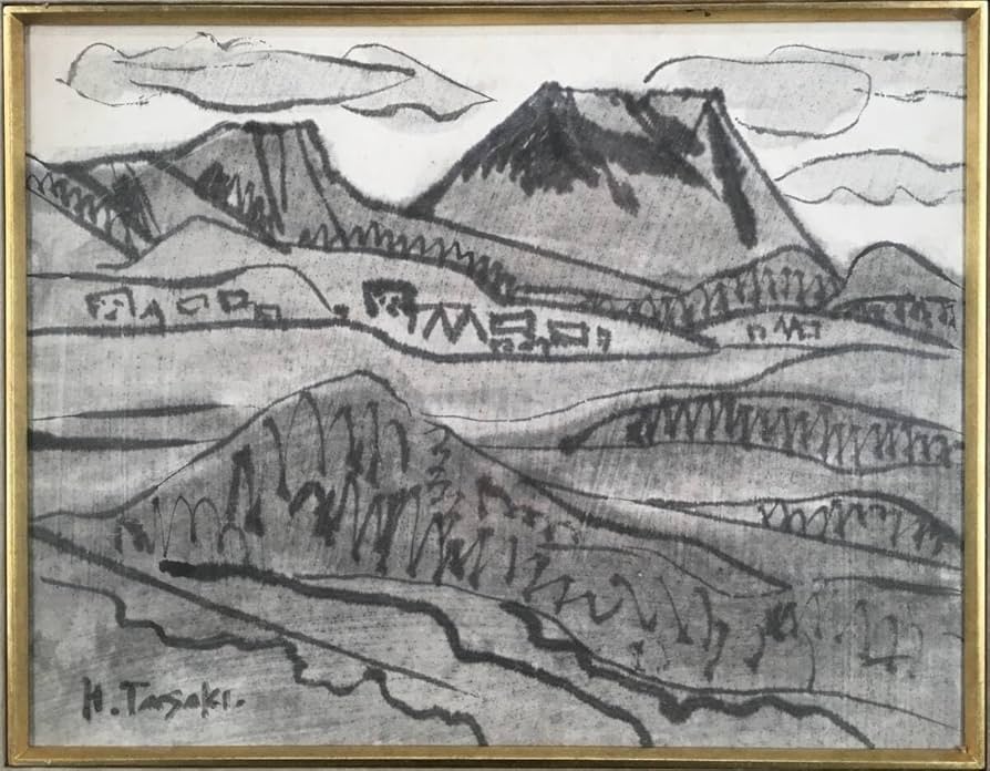 [田崎廣助] 9605 陽之助鑑定 絵画 水彩画 「阿蘇山」 色紙 風景画 在銘 田崎廣助] 9605 陽之助鑑定 絵画 水彩画 「阿蘇山」 色紙 風景画