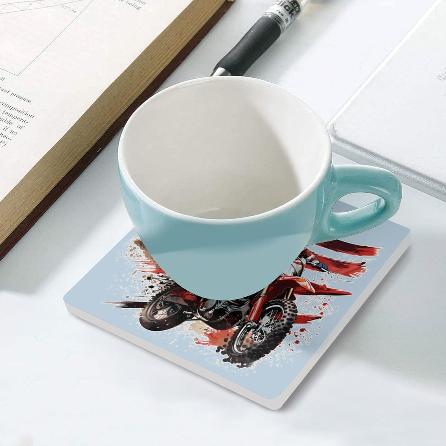 U.S Flag Dirt Bike Motocross Coaster for Drinks Square Ceramic Table Coasters Stone Mat Crafts 4PCS Home Kitchen Decor