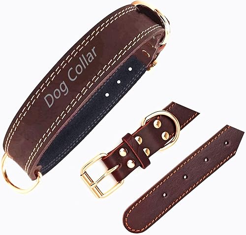 Collar de perro para cuello de perro, tamaño de 17 a 21 pulgadas, collar de perro de cuero marrón ajustable para perros de 15 a 40 libras, cómodo