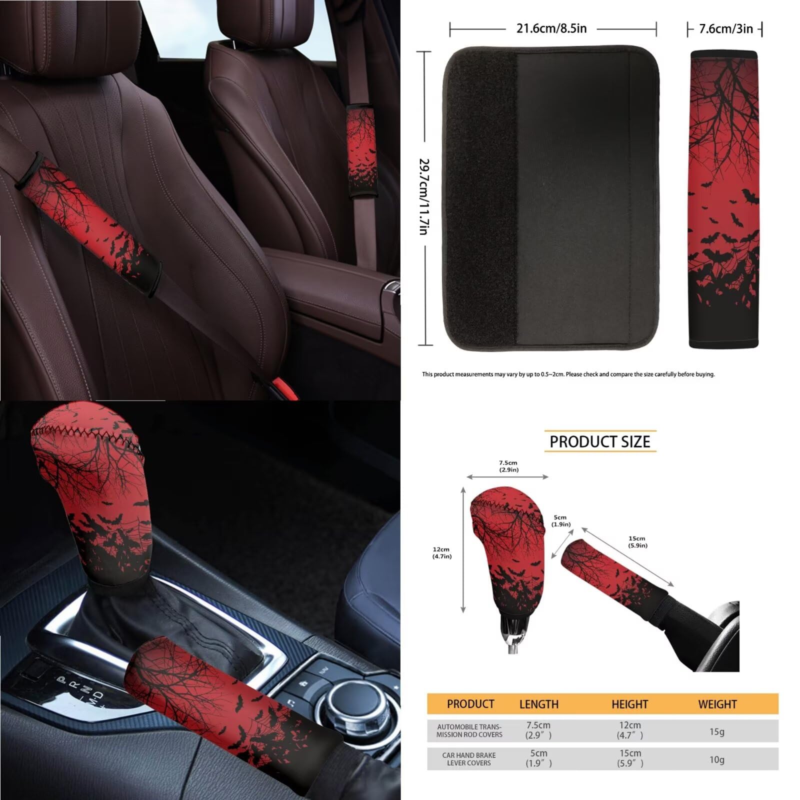 Set completo di coprisedili per auto con stampa di pipistrelli, coprisedili con schienale alto, coprivolante, console centrale, braccioli imbottiti, cuscinetti per cinture di sicurezza