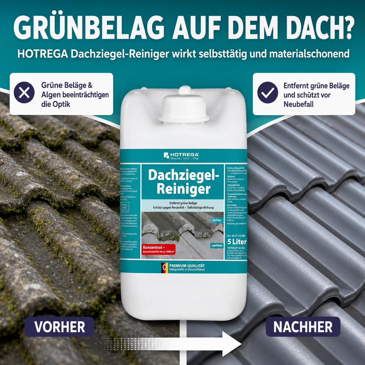 HOTREGA Dachziegel Reiniger Konzentrat 5 L | Gegen Algen & Moos | Chlorfrei | Selbsttätiger Grünbelagentferner | Reichweite bis 1000m² | Für Beton, Ton & Glasur | Schont Kupfer, Zink & Metallrinnen