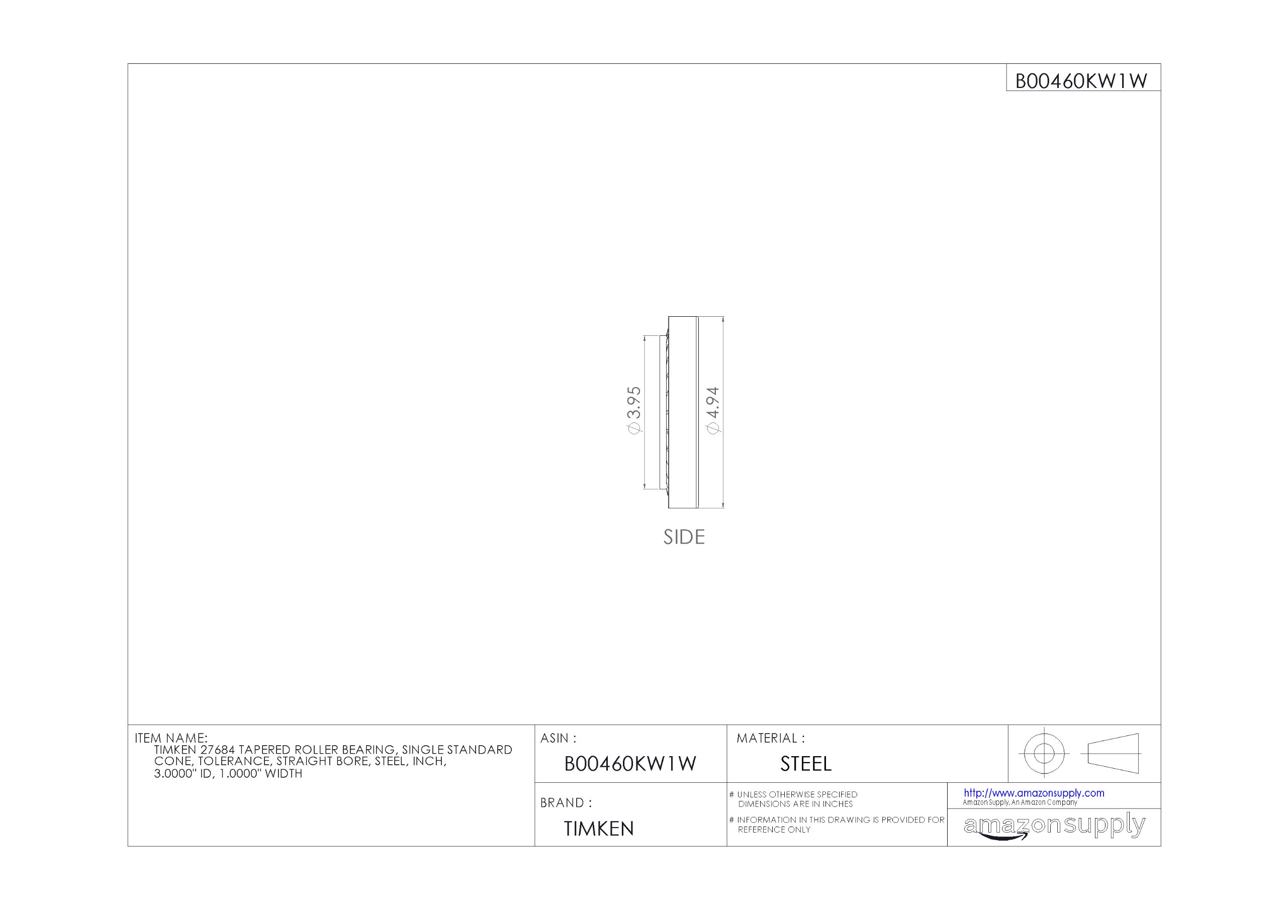 Timken 27684 stożkowe łożysko rolkowe, pojedynczy stożek, standardowa tolerancja, prosty otwór, stal, cal, średnica 8,5 cm, szerokość 3,000 cm