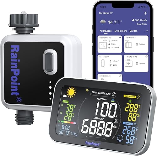 RAINPOINT Temporizador de agua WiFi para manguera de jardín, temporizador inteligente de grifo de manguera, controlador de sistema de riego
