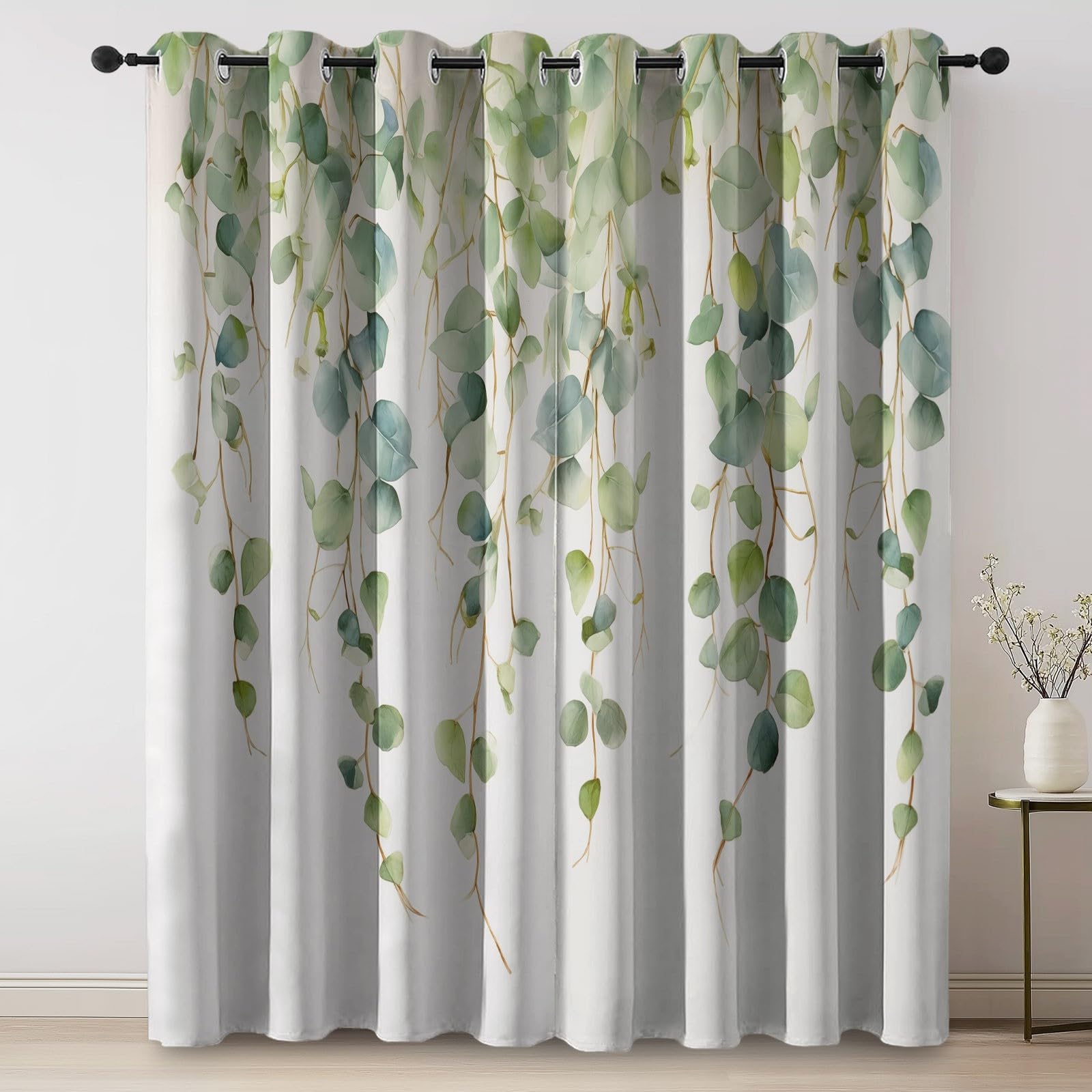 100% nieprzezroczyste zasłony, wys. 138 x szer. 117 cm (2 sztuki) – rośliny, liście eukaliptusa, winorośli, szałwia, zielone szałwia, zasłony zaciemniające z oczkami, zasłony termiczne do sypialni i