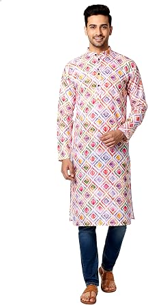Chandrakala Slim Fit Printed Kurta for Men Cotton Long Sleeve Straight Tunic MK114-P