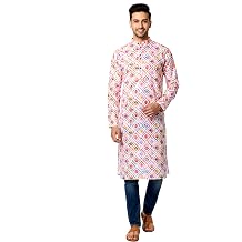 Chandrakala Slim Fit Printed Kurta for Men Cotton Long Sleeve Straight Tunic MK114-P