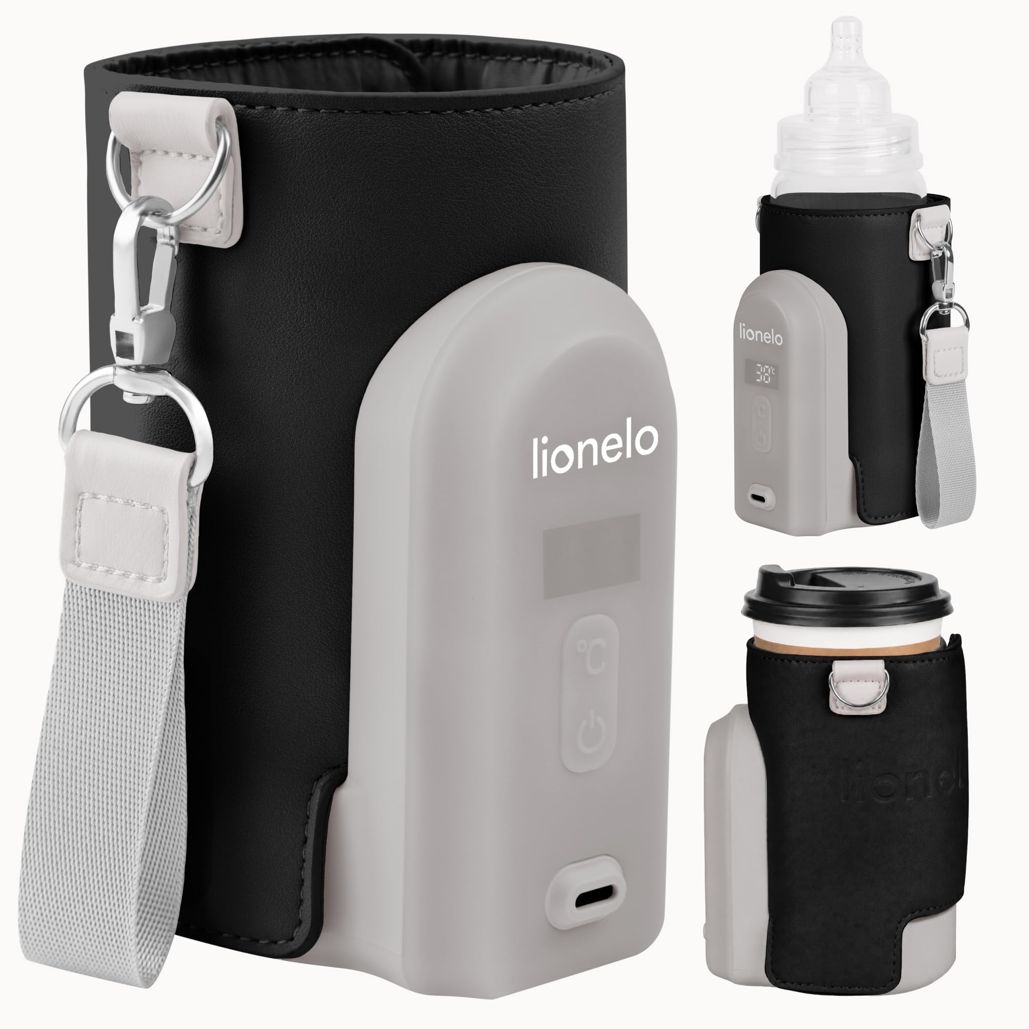 Lionelo Thermup Go Evo Advanced Portable Bottle Warmer with USB-C 9hr Battery LCD Display 5 Temperature Settings 38-50°C Fits 50-80mm Bottles, Car Charger Compatible, Safety Control (Black, EVO)