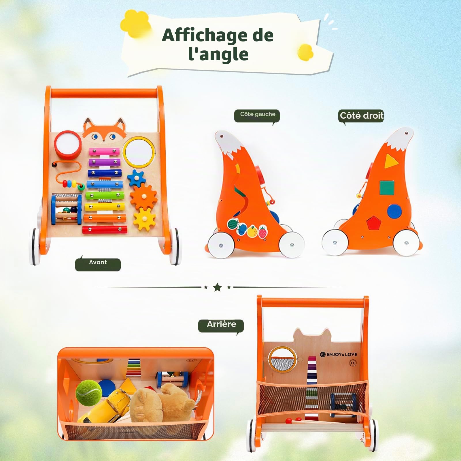 Chariot de marche en bois pour jeunes enfants, trotteur multifonctionnel avec plateau de jeu et musique, avec jouets en bois Activity Center, apprendre à marcher