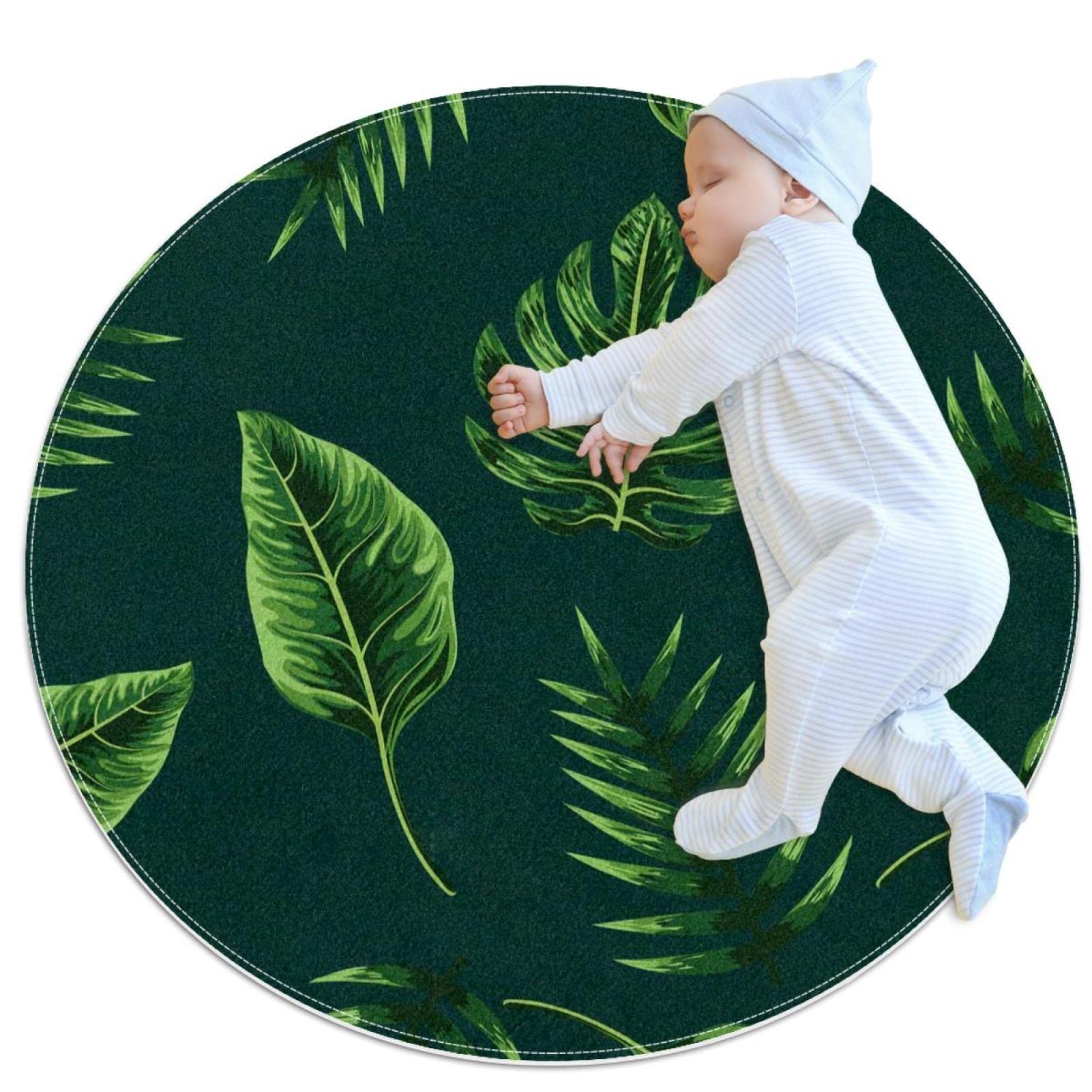 Tapis vert motif monstera grand format rond 100cm antidérapant