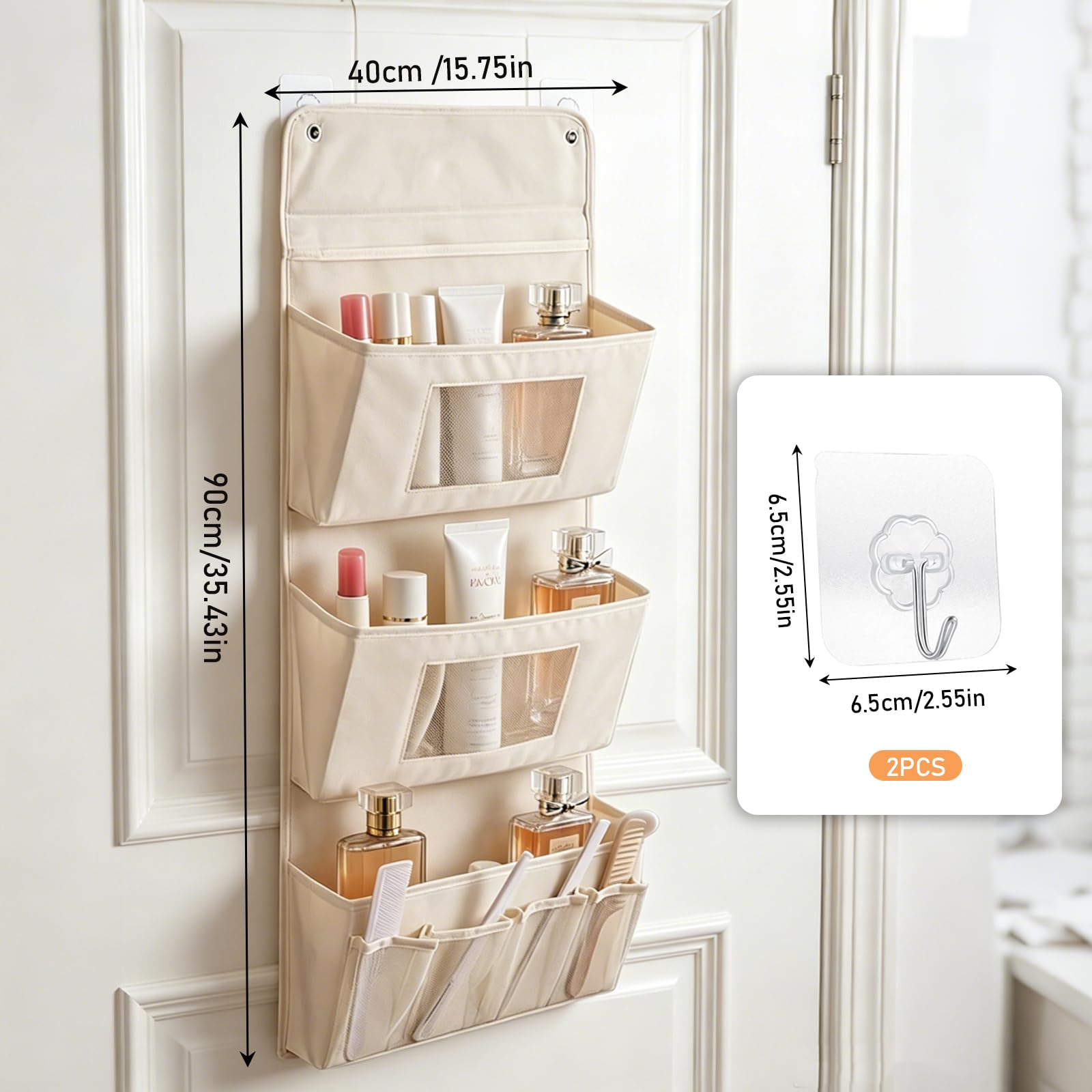 Hängeorganizer mit 2 Haken Faltbare Hängende Aufbewahrung aus Oxford-Stoff Aprikose Wandorganizer 3-Schichten Hängeaufbewahrung Tür Organizer für Badezimmer Kleiderschrank Schlafzimmer(40x90cm)