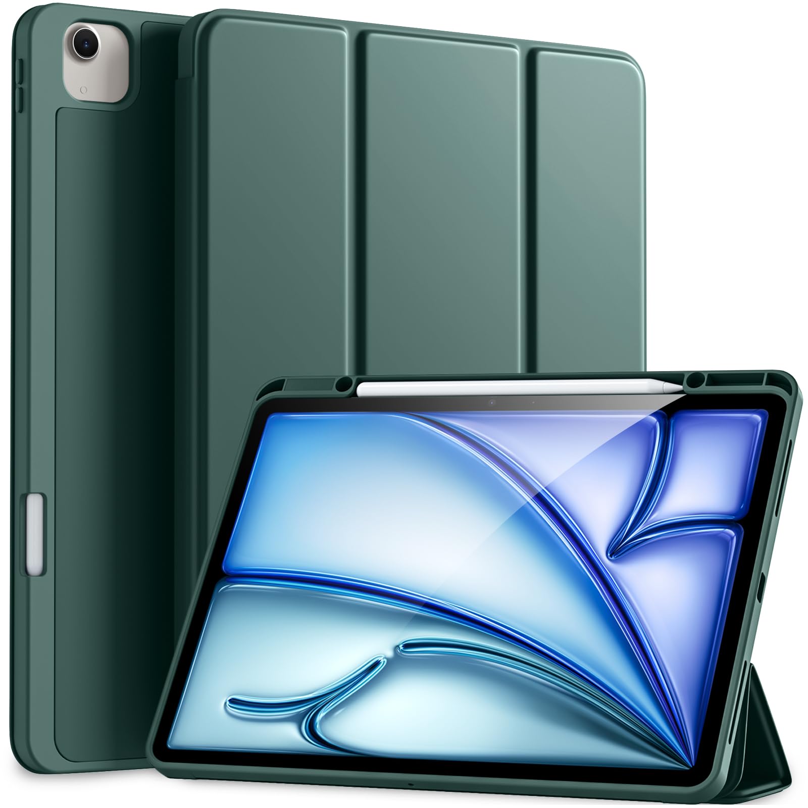 Akkerds Compatible for iPad Air 13 Inch Case (M3/M2) 2025/2024 with Pencil Holder, Trifold Stand Protective Cover/Soft TPU Back for iPad Air 13 Case, Supports Touch ID, Auto Wake/Sleep, PineGreen