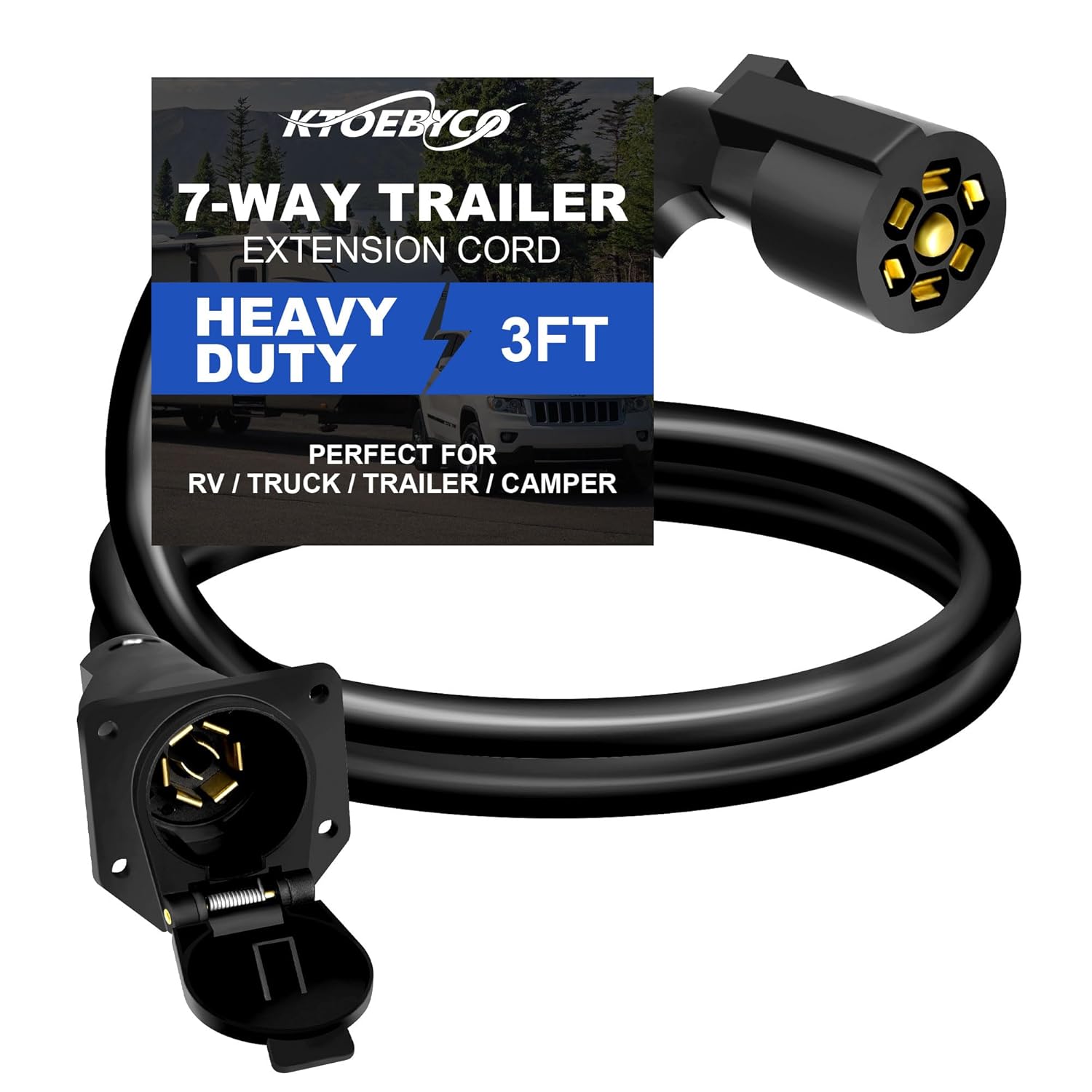 3FT 7 Way Trailer Extension Cord - Heavy Duty 7 Pin Wiring Harness with Double Prong Connectors & Dust Cover, 10-14AWG Pure Copper Wiring Harness for RV, Truck, Trailer, Gooseneck Hitch