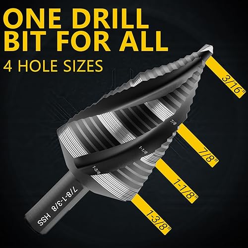 Miniatura 2 de Broca de paso de cuatro espirales para flauta, HSS 316"-1-38" (19 pasos), broca escalonada con vástago de 14 de pulgada para aluminio, madera,