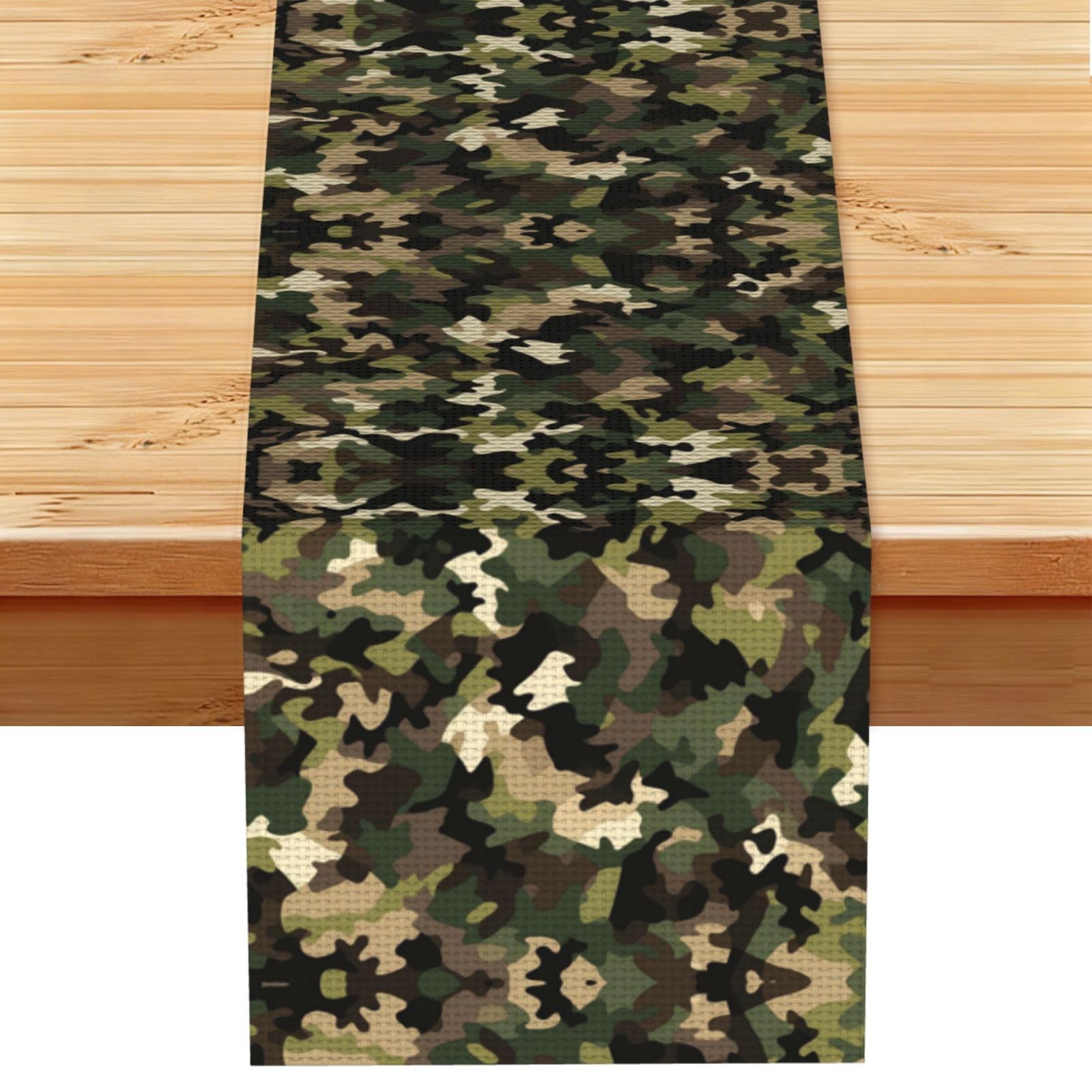 Warm Tan Black Camo Printed Table Runner 13 x 72, Wrinkle Resistant Decor for Dining Table Coffee Table Fireplace