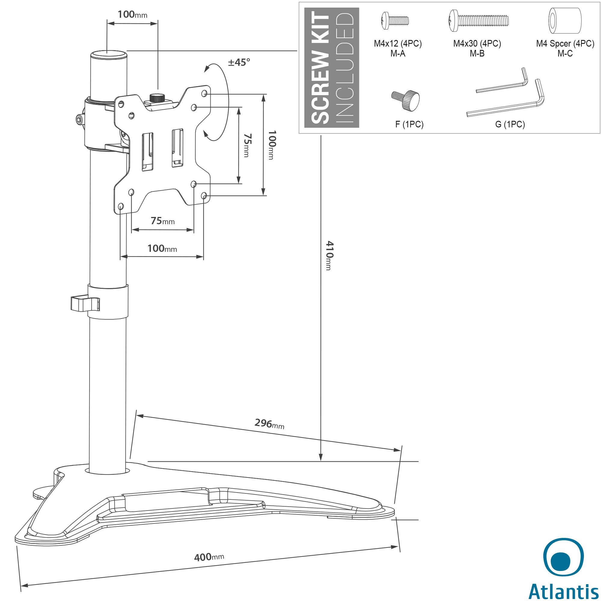 Braccio GAS Lift Per Monitor Da 13 A 30 Pollici - Regolabile In Altezza, Inclinazione, Pivot, VESA 75/100 - Foto 9