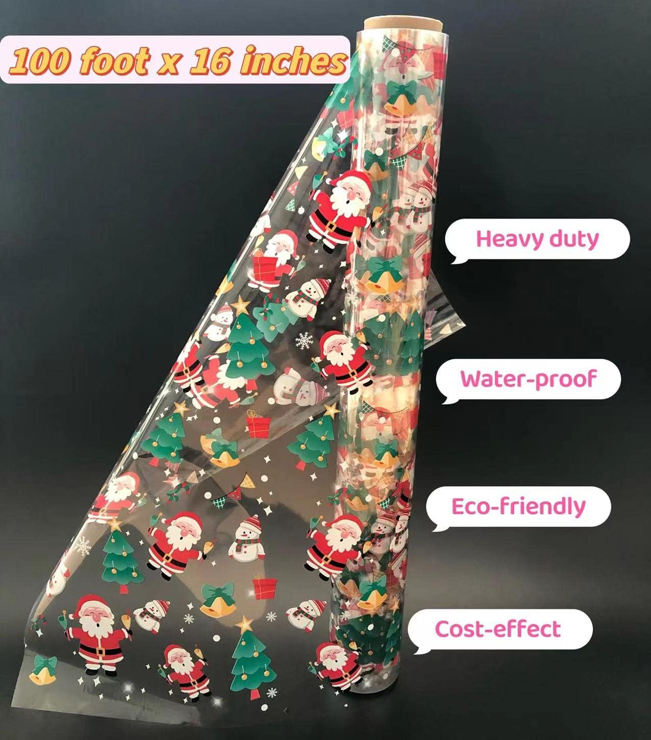100ft Christmas Cellophane Wrap Roll - Xmas Cellophane Wrap for Christmas to Wrap Gift Basket, Treat, Wine, Party Decoration. (100ft Long x 16” Wide x 2.5Mil)