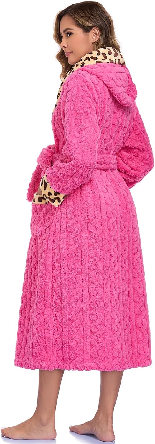 RONGTAI Womens Robe Soft Fuzzy Fleece Long Bathrobe Leopard Print Housecoat with Pockets & Belt S-XXL