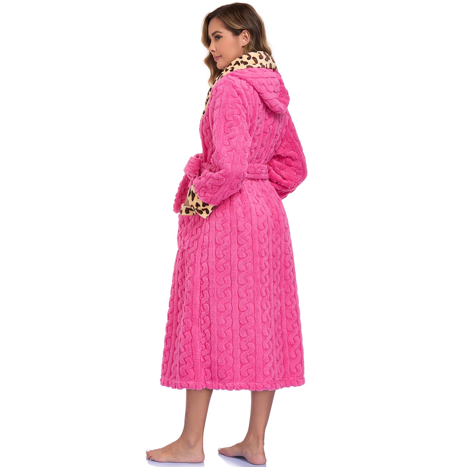 RONGTAI Accappatoio Donna con Cappuccio in Pile Loop, Stampa Leopardata - Morbido, Caldo ed Elegante, Tendenza Moda per Casa, SPA e Regalo