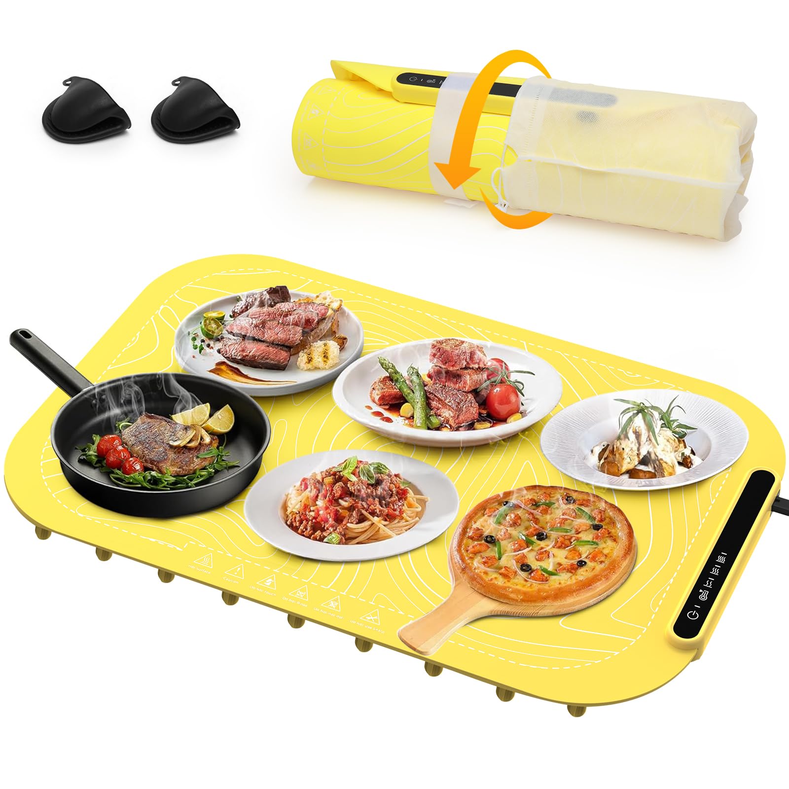 Elektrisches Warmhalte-Tablett für Lebensmittel, Vollflächige Heizung Speisenwärmematte, Rollbare & Tragbare Speisenwärmer, Speisenwärmer für Partys Buffet, Warmhalteschalen für Buffets Party (Yellow)