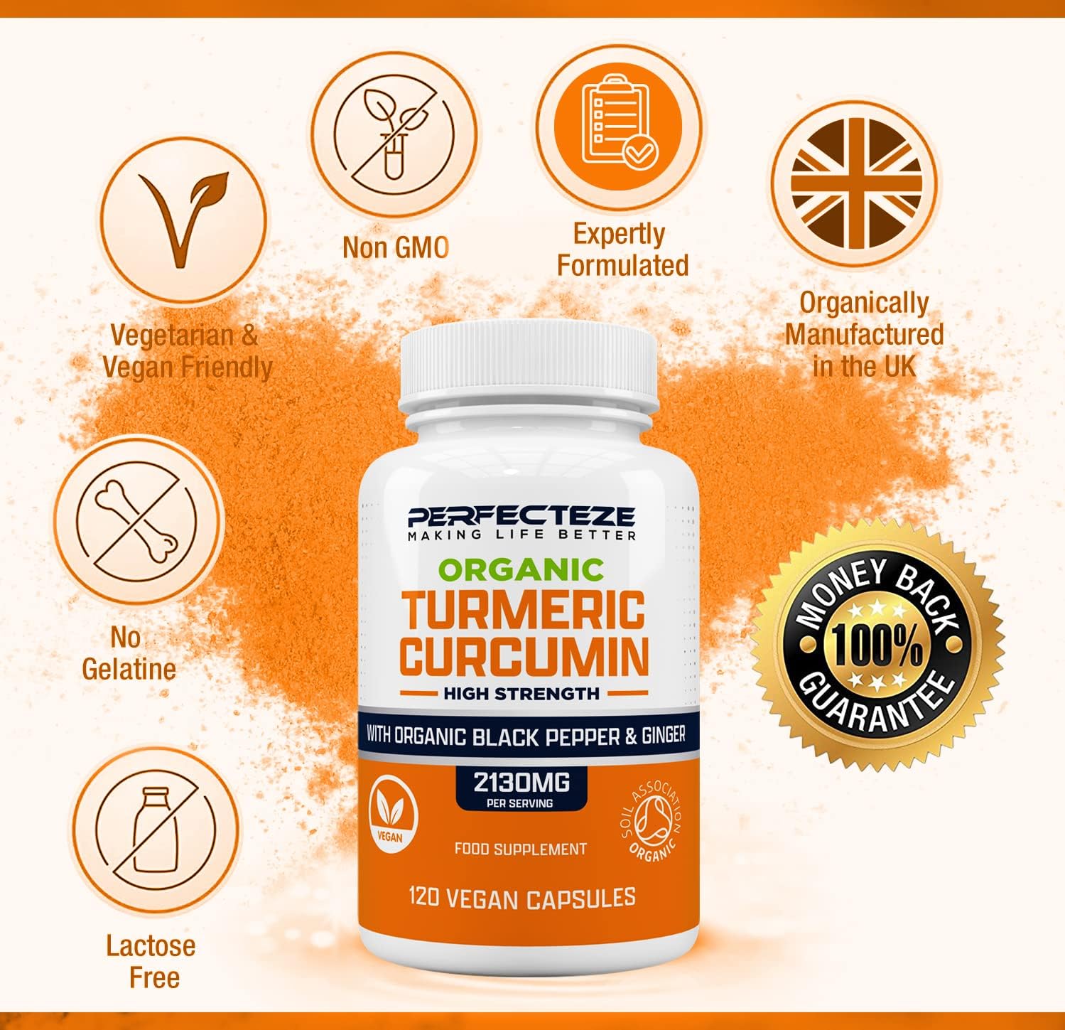 Organic Turmeric Curcumin High Strength and Black Pepper with Ginger 120 Vegan Capsules 2130MG Advanced Turmeric with Active Ingredient Curcumin - Image 5