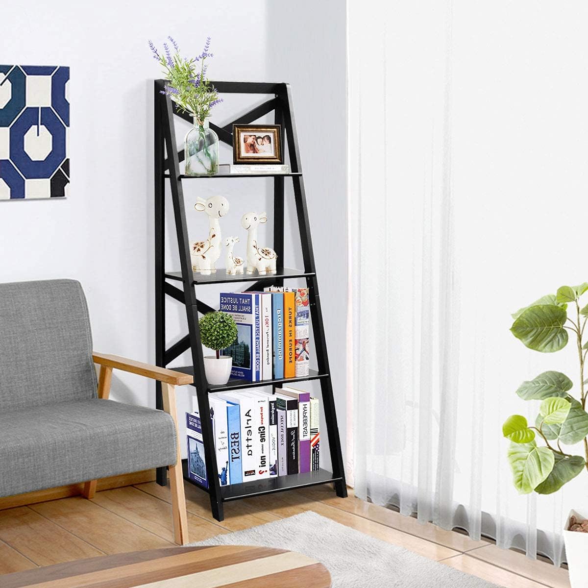 4-Layer Ladder Shelf Rack, Free Standing Wooden Bookcase, Flower Plants Display Shelf, Multifunctional Storage Bookshelf for Entryway Living Room Kitchen Bedroom Office (1, Black)