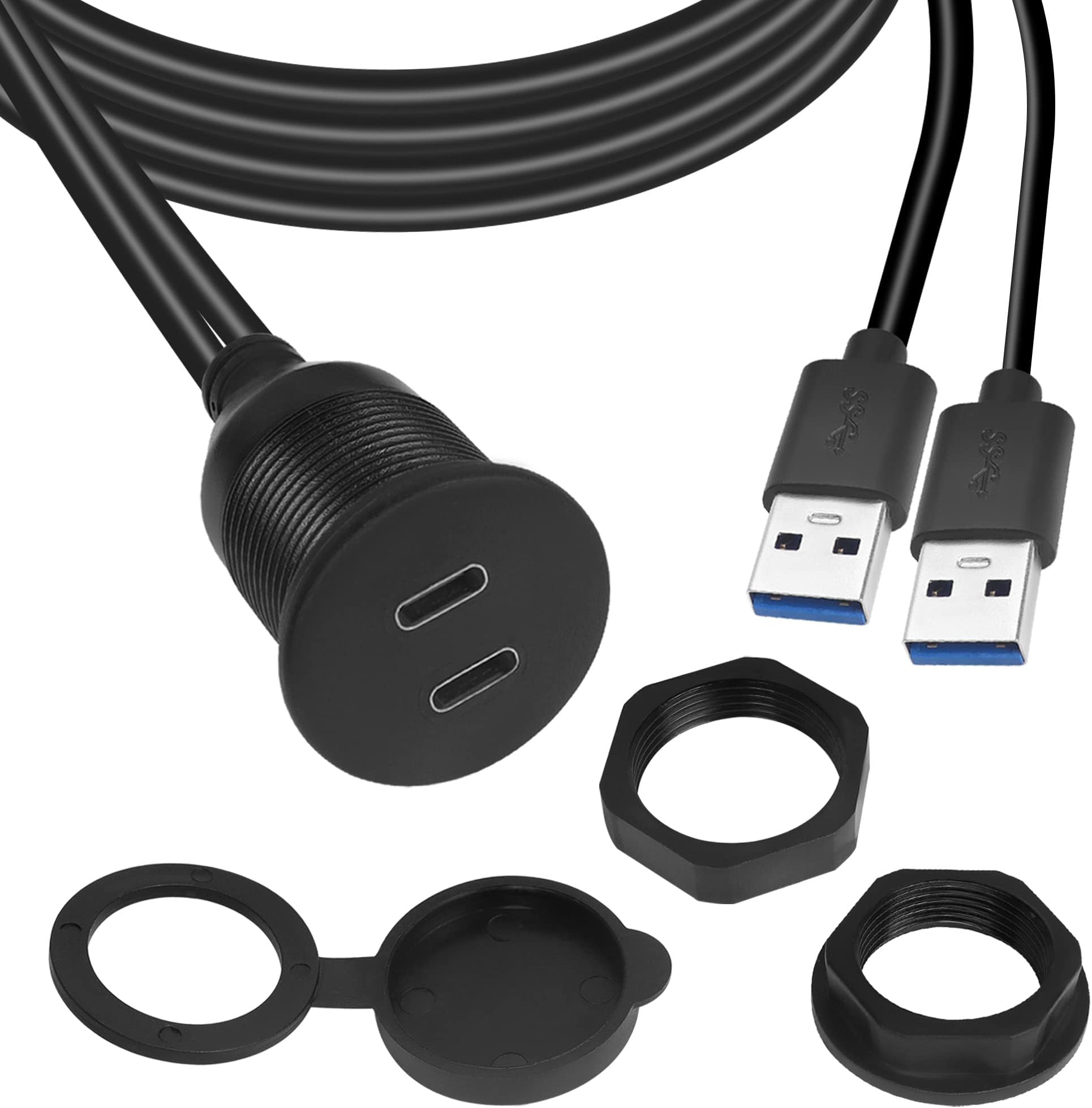 Dual USB C to USB 3.0 Threaded Flush Mount Waterproof Cable Adapter, 2 USB 3.0 Male to 2 USB C Female Panel Mount Extension Cable, for Car Boat Truck Yacht Motorcycle, 1m/3.3ft