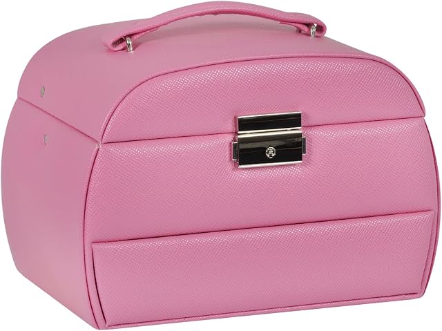 XS-Stock Jewellery Box 8" Pink Faux Leather With Removable Travel Case Locking Clasp 3 Layers Vanity Mirror Rounded Shape Plush Fabric Lining For Necklaces Bracelets Rings - A Great Gift Idea