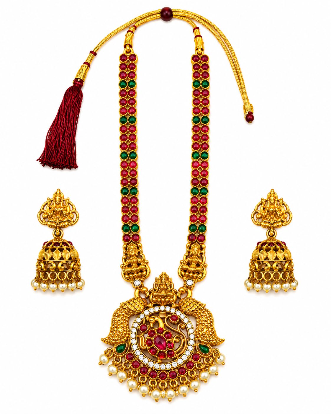 Lakshmi Ruby Temple Long Necklace Set-image-26