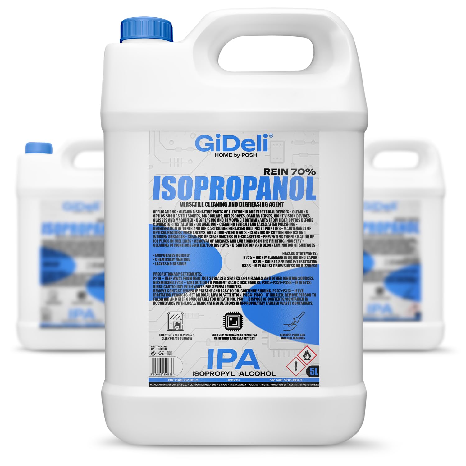 GiDeli Isopropanol 70 % Lot de 3 bidons de 5 litres d'alcool isopropylique à haute teneur en alcool isopropylique IPA pour le nettoyage des composants électroniques, des lentilles et des écrans