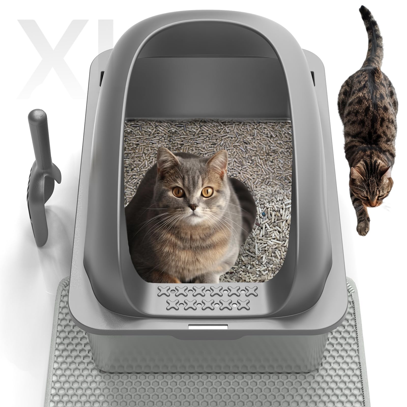Cat Stainless Steel Litter Box with Lid, Kitty Extra Large Metal Litter Boxes XL High Sided with Mat and Scoop for Big Cats Indoor, Non-Sticky, Anti-Leakage, Easy Cleaning