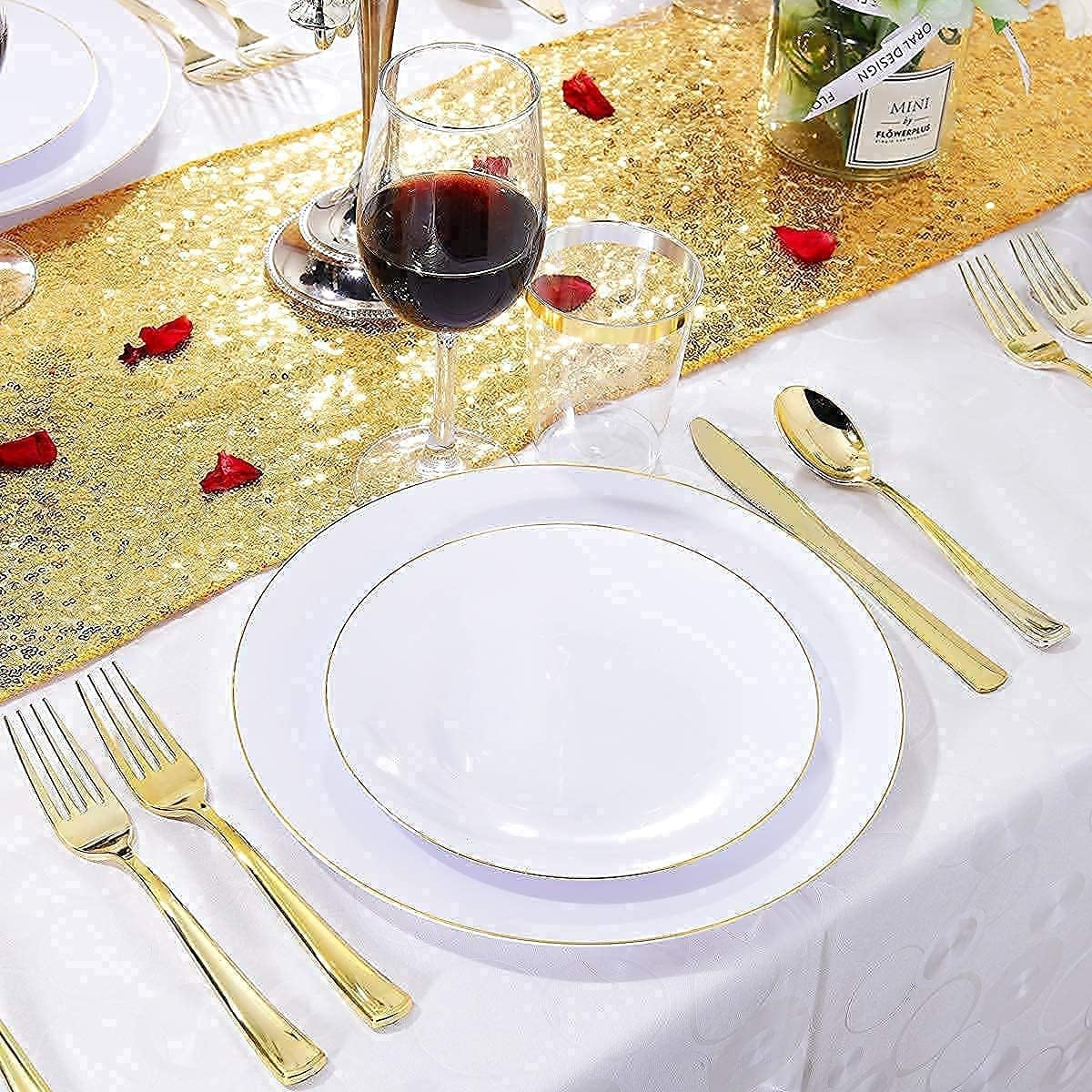 Nervure 125 White with Gold Rim Plastic Plates&Nervure 100Pieces Gold Plastic Plates