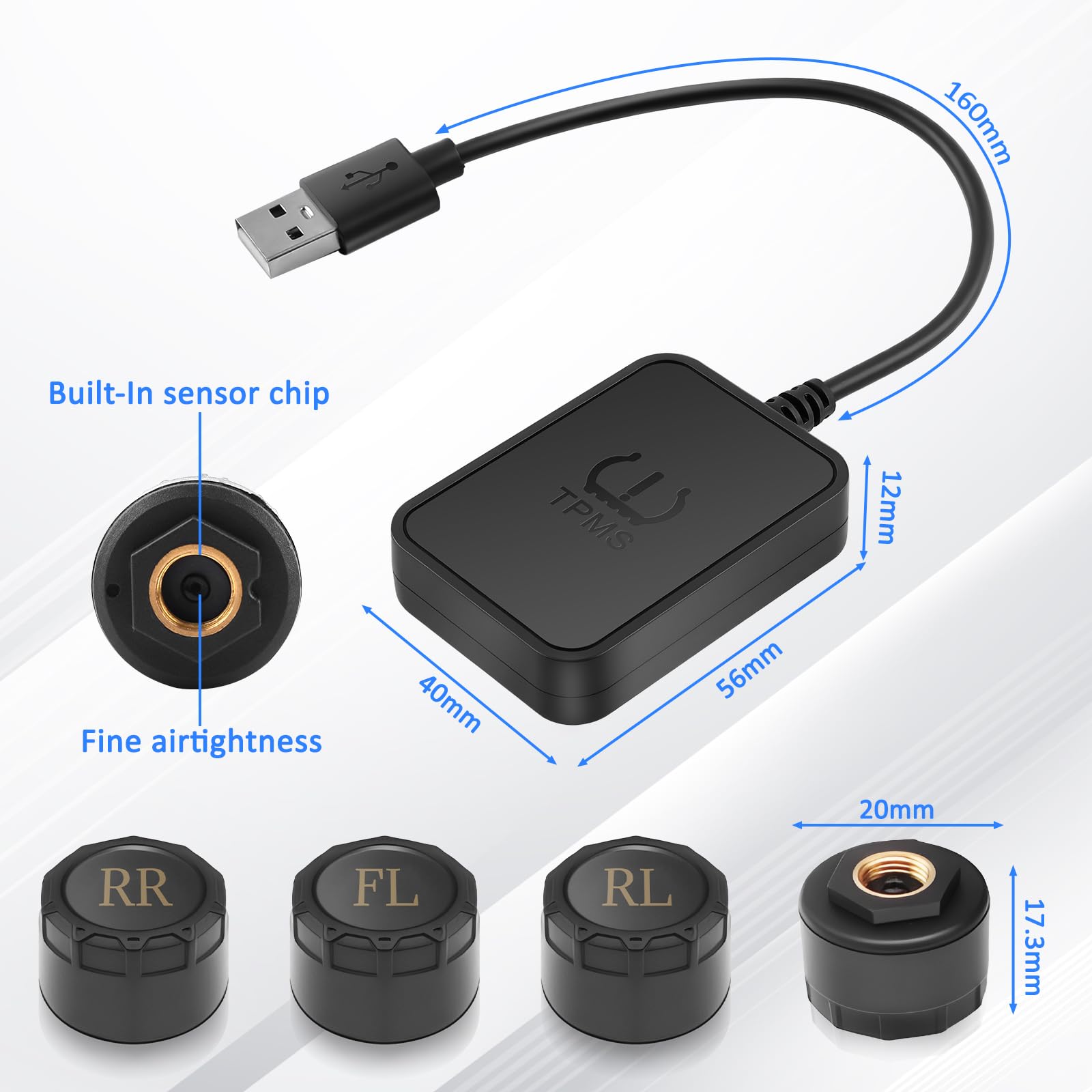 0-8bar Sistema di Monitoraggio della Pressione degli Pneumatici TPMS con USB, 4 Sensori, Compatibilità Display di Navigazione Android (Solo Originali di Fabbrica), per Auto, SUV, Roulotte
