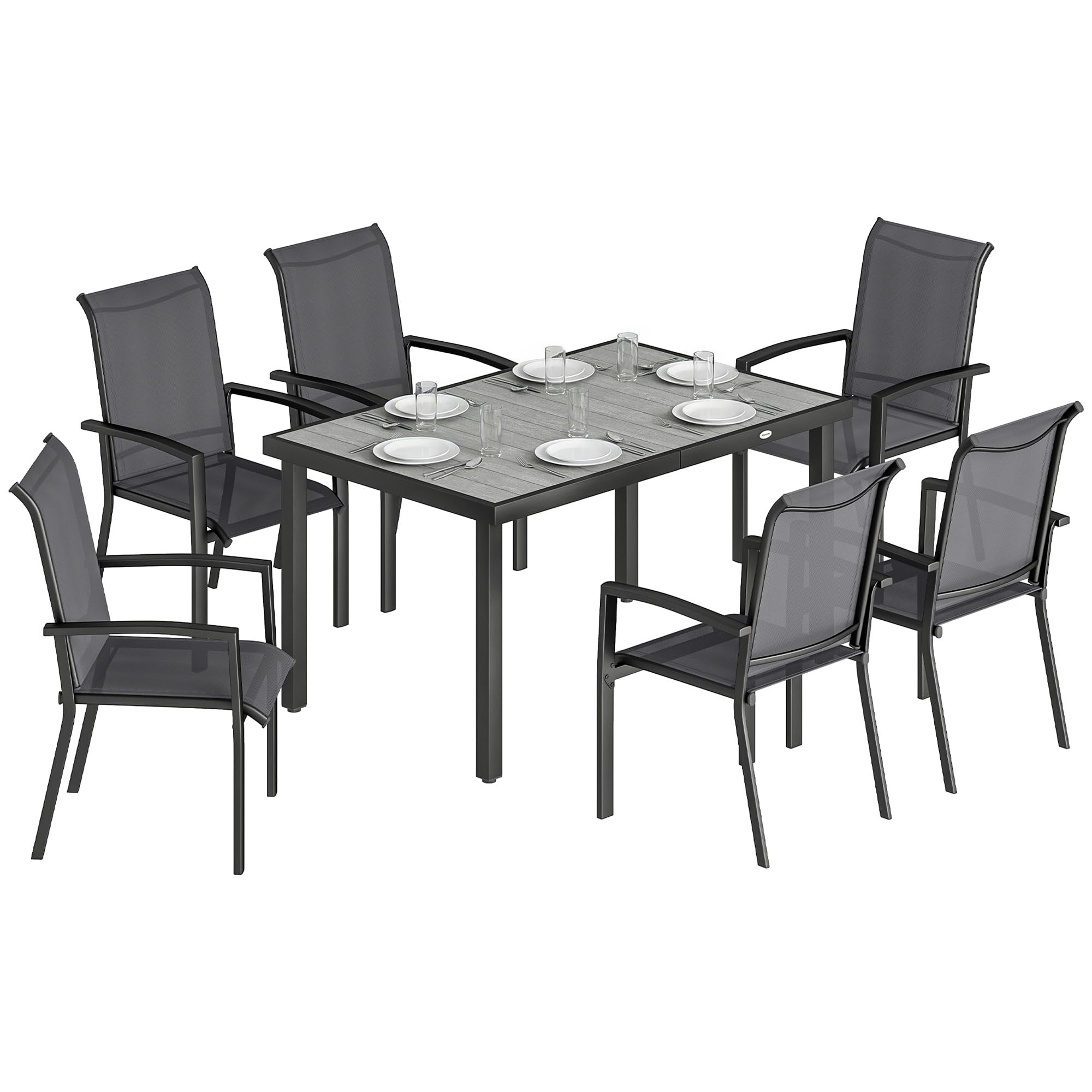 Outsunny Set Tavolo e Sedie da Giardino 7 Pezzi, Mobili da Esterno con Tavolo Rimovibile e 6 Sedie Impilabili in Texteline Grigio