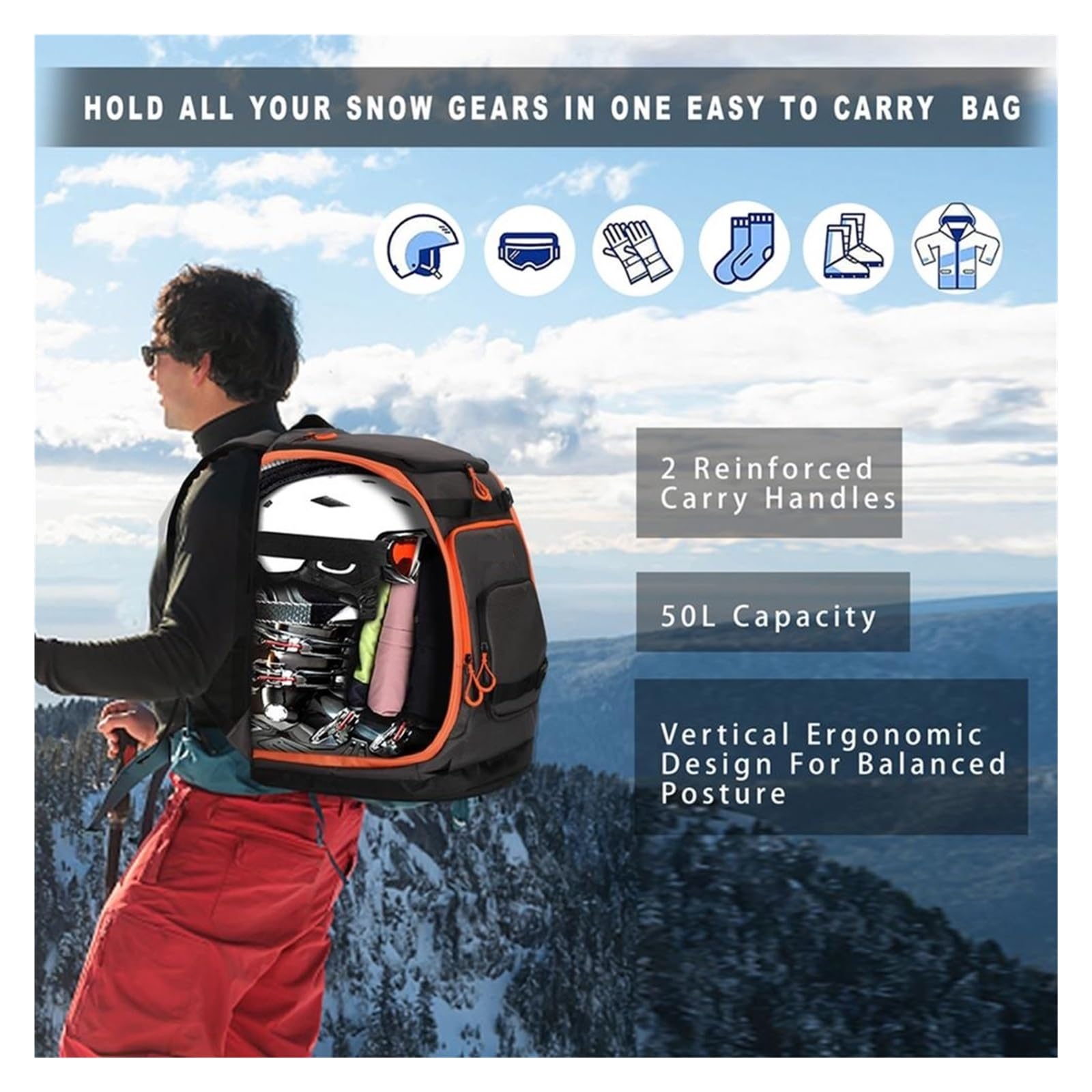 Skischuh-Tasche, 65 l, Skischuh-Reiserucksack for Skihelm, Schutzbrille, Handschuhe, Ski, Snowboard-Zubehör für Helm, Skischuhe, Skibrille, Handschuhe