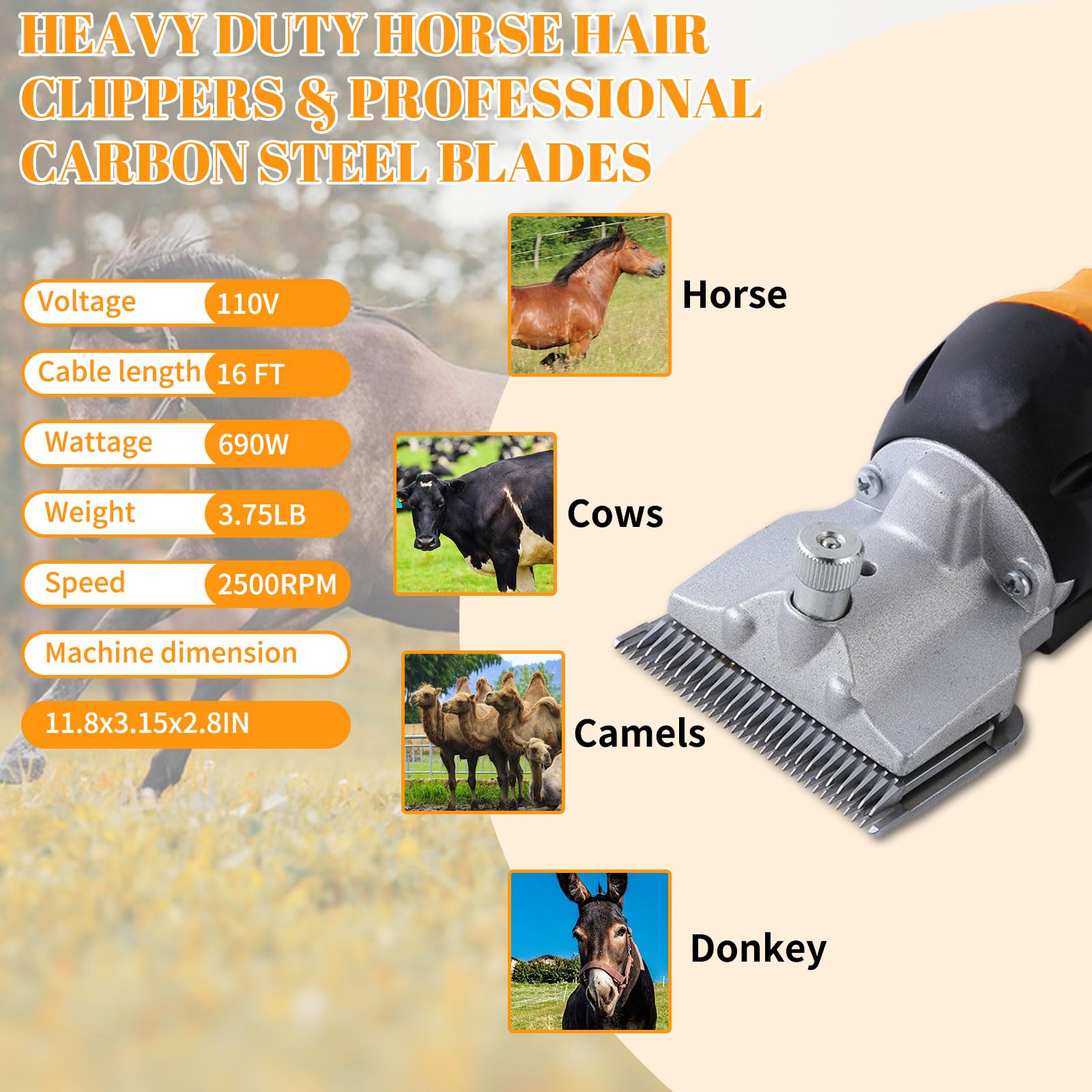 Cortapelos eléctrico para caballos para ganado, cortadora eléctrica resistente de 690 W, tijeras profesionales de ovejas para animales, recortadora de aseo de mascotas para caballo, ovejas,