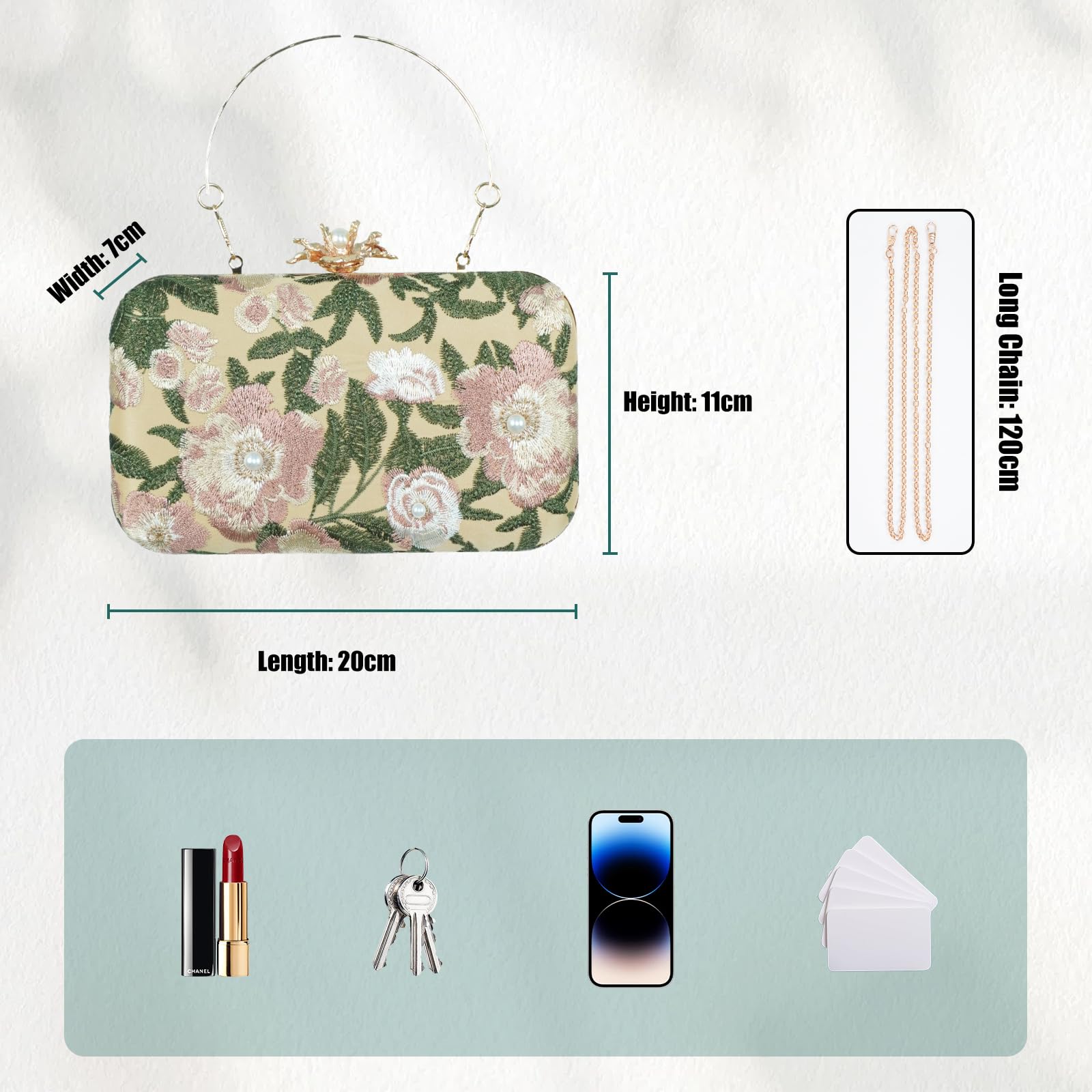 Bolso de Noche para Mujer, Bolso de Mano con Bordado Floral, Perla Clutch de Cóctel con Cadena, Bolso de Hombro Jacquard para Boda, Fiesta