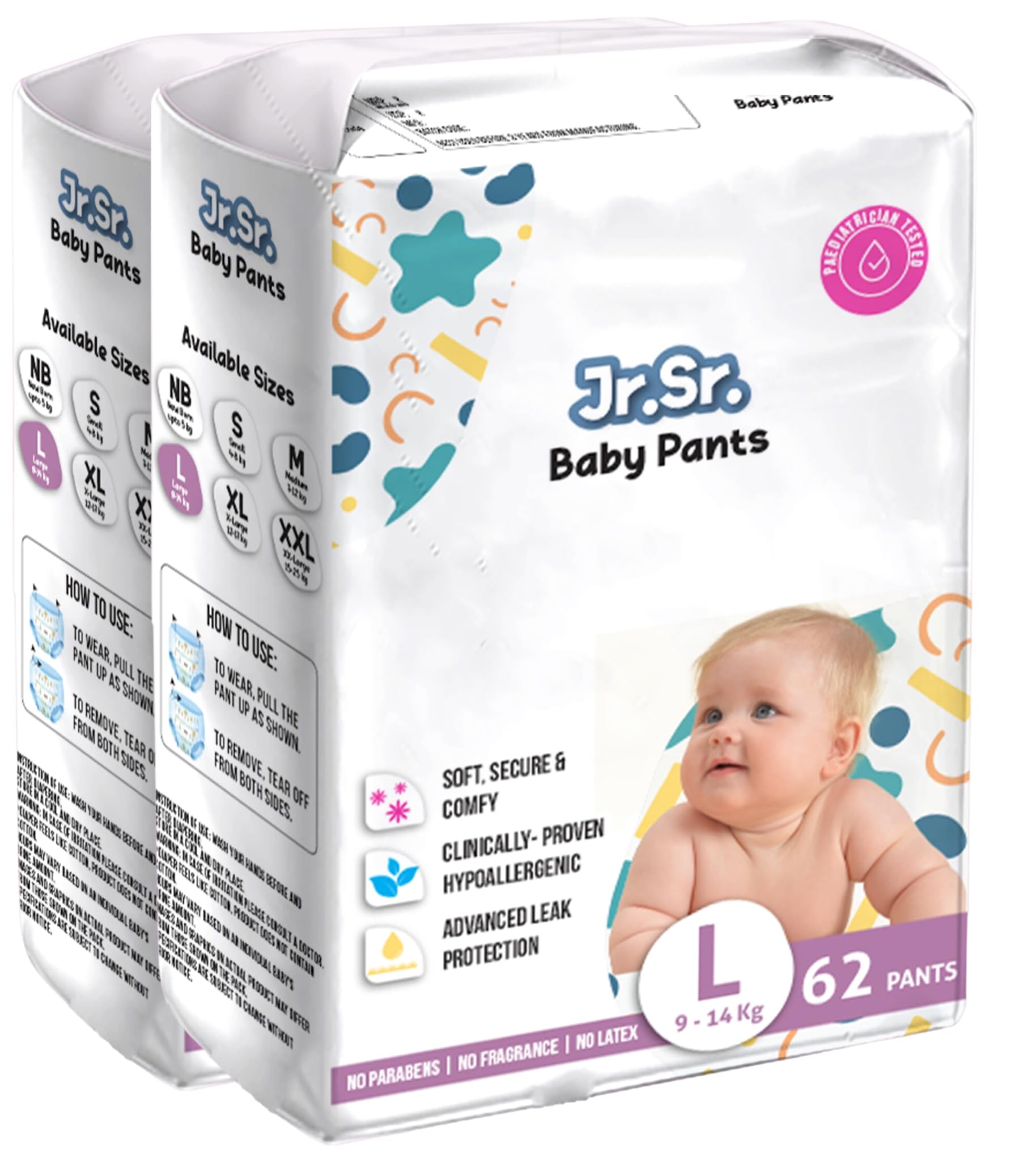Jr. Sr. Baby Diaper Pants with Advanced Leak Protection | Soft & Comfortable| Large | 9-14 Kg | 124 Counts | Pack of 2