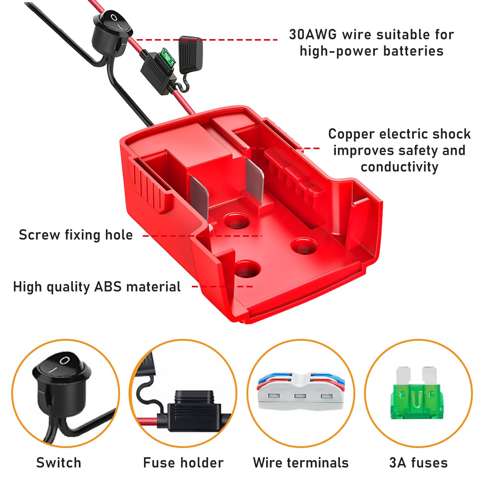 2Packs Power Wheel Adaptateur pour Makita 18V Batterie, avec fusible, commutateur et bornes de Fil, 6 PCS 30a fusible, 14 AWG Fil connecteur convertisseur pour Robots, camions lumière de Travail