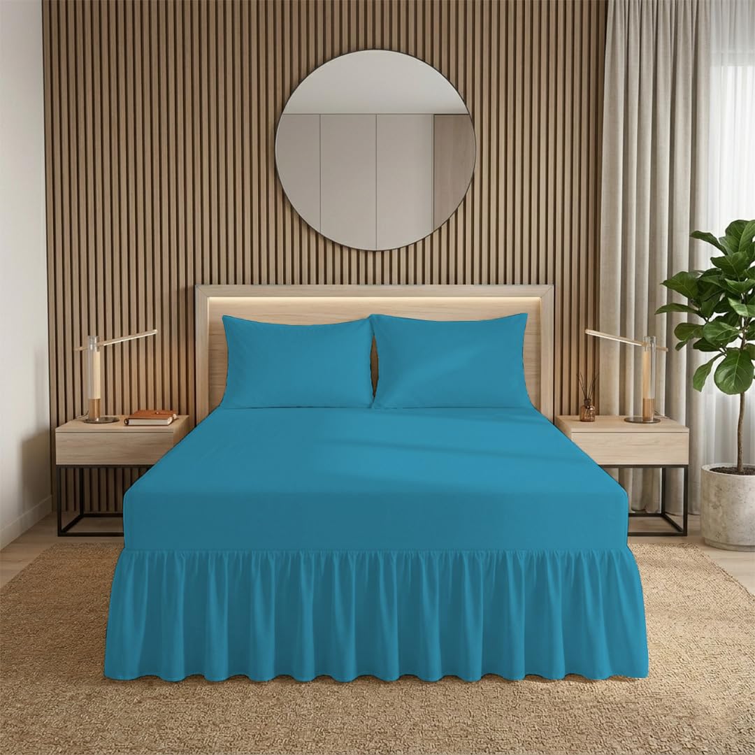 Ziya Homes Double Fitted Valance Sheets - Polycotton Frilled Bed Skirt with 40cm Drop - Extra Deep 25cm Pocket, Anti-Allergic & Easy Care (Teal)